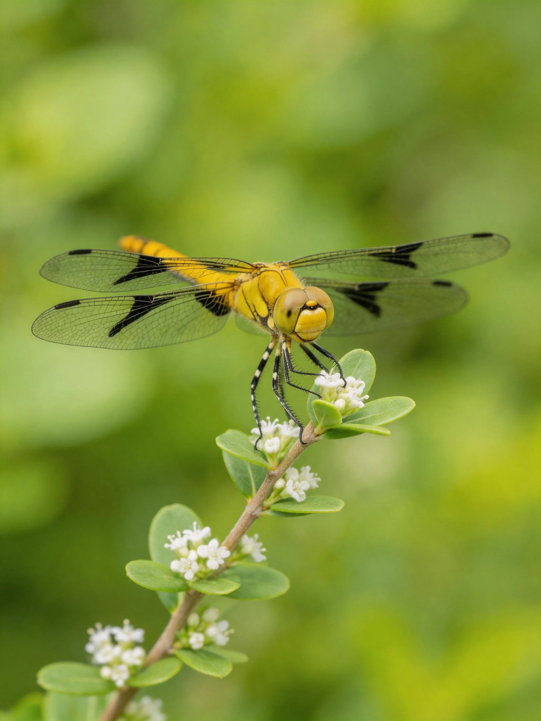 Yellow dragonfly with black wing markings perches on flowering plant
