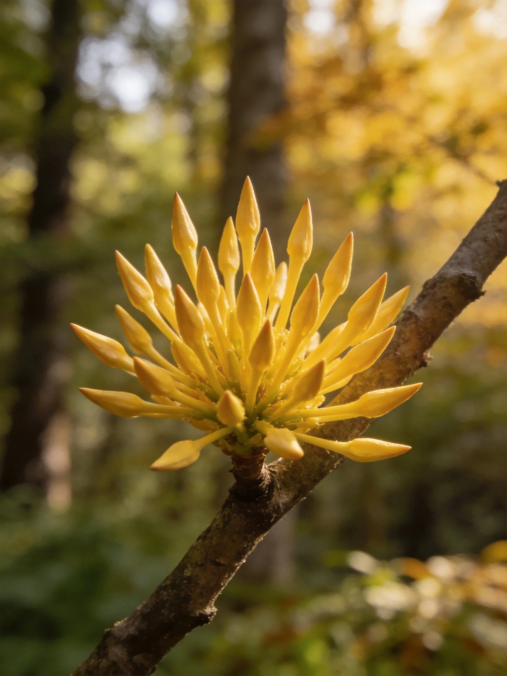 Yellow flower buds clustered on a tree branch in a sunlit forest
