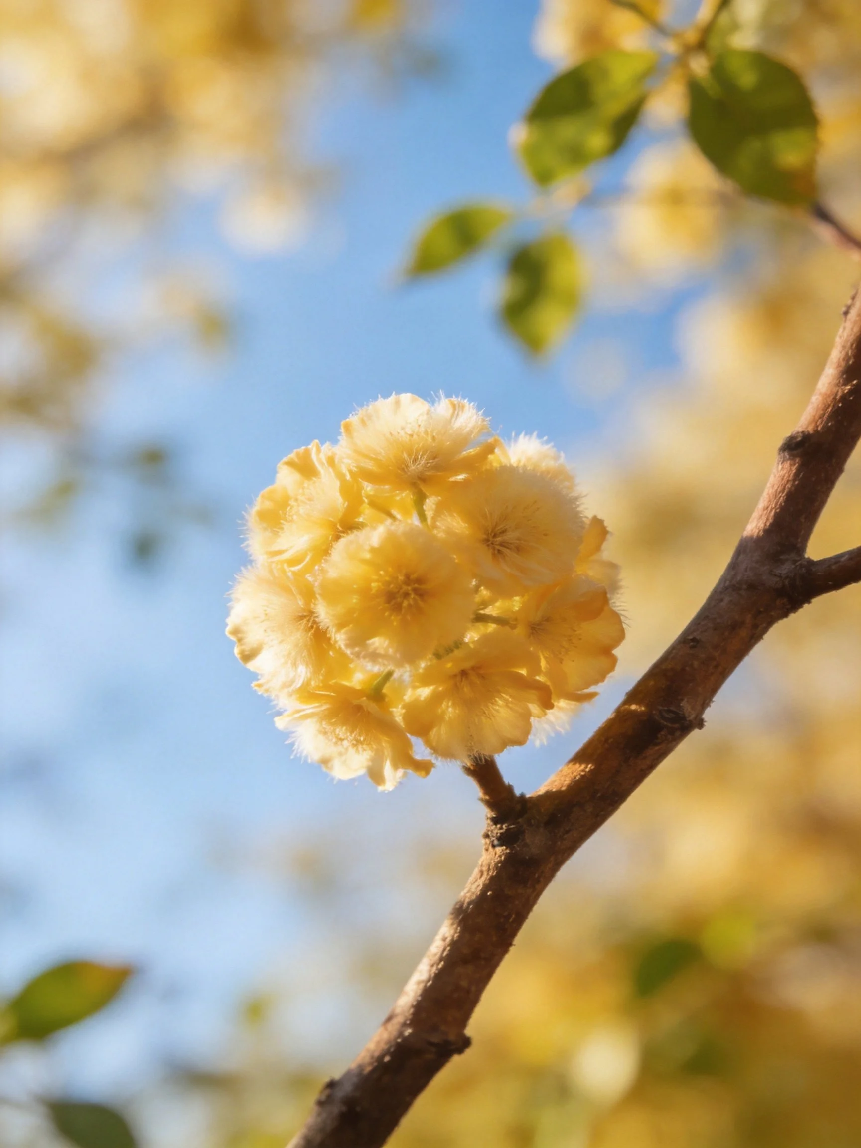 Yellow flower cluster blooms on a brown tree branch