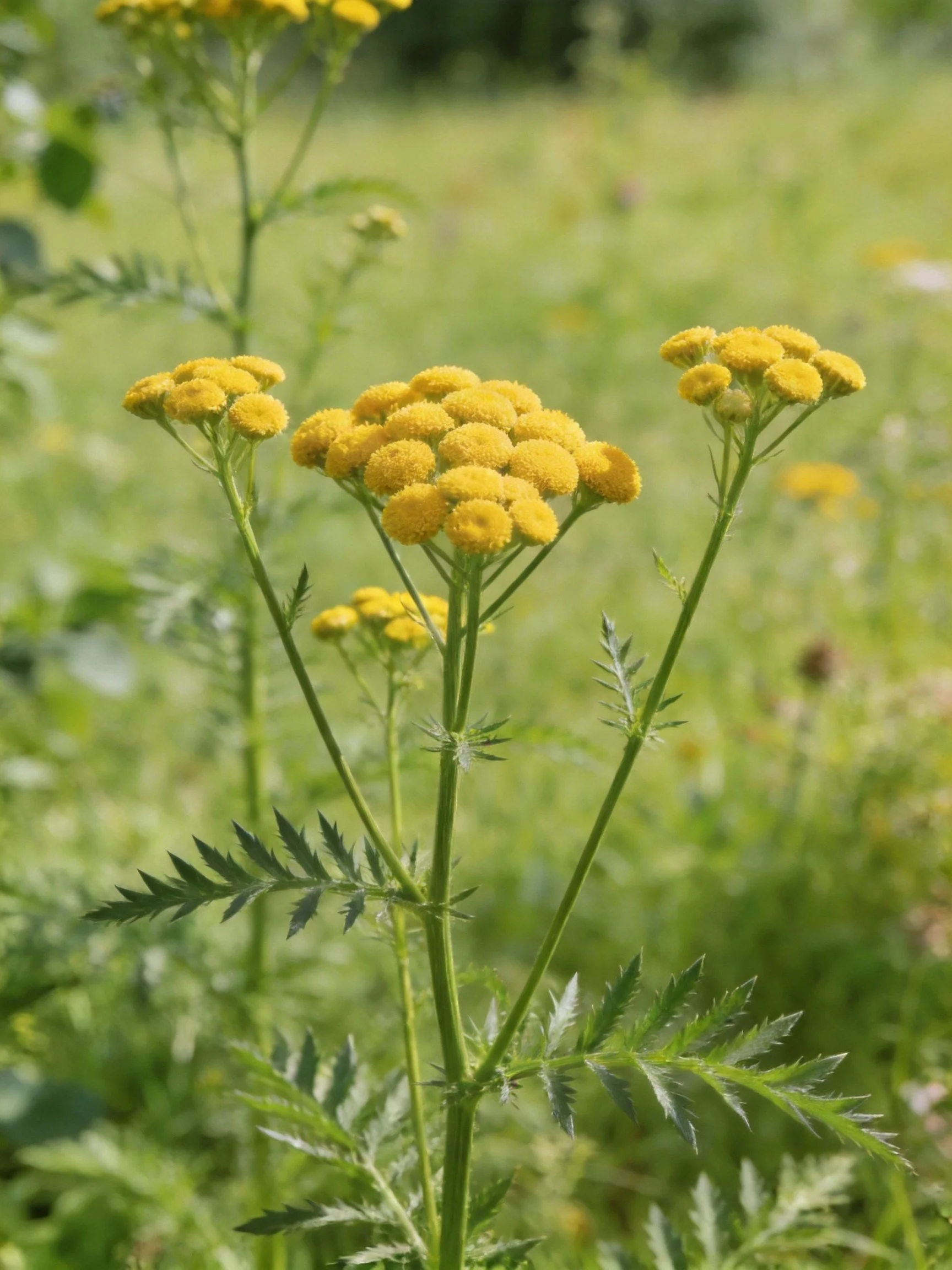 Yellow flower clusters bloom on slender green stems with serrated leaves