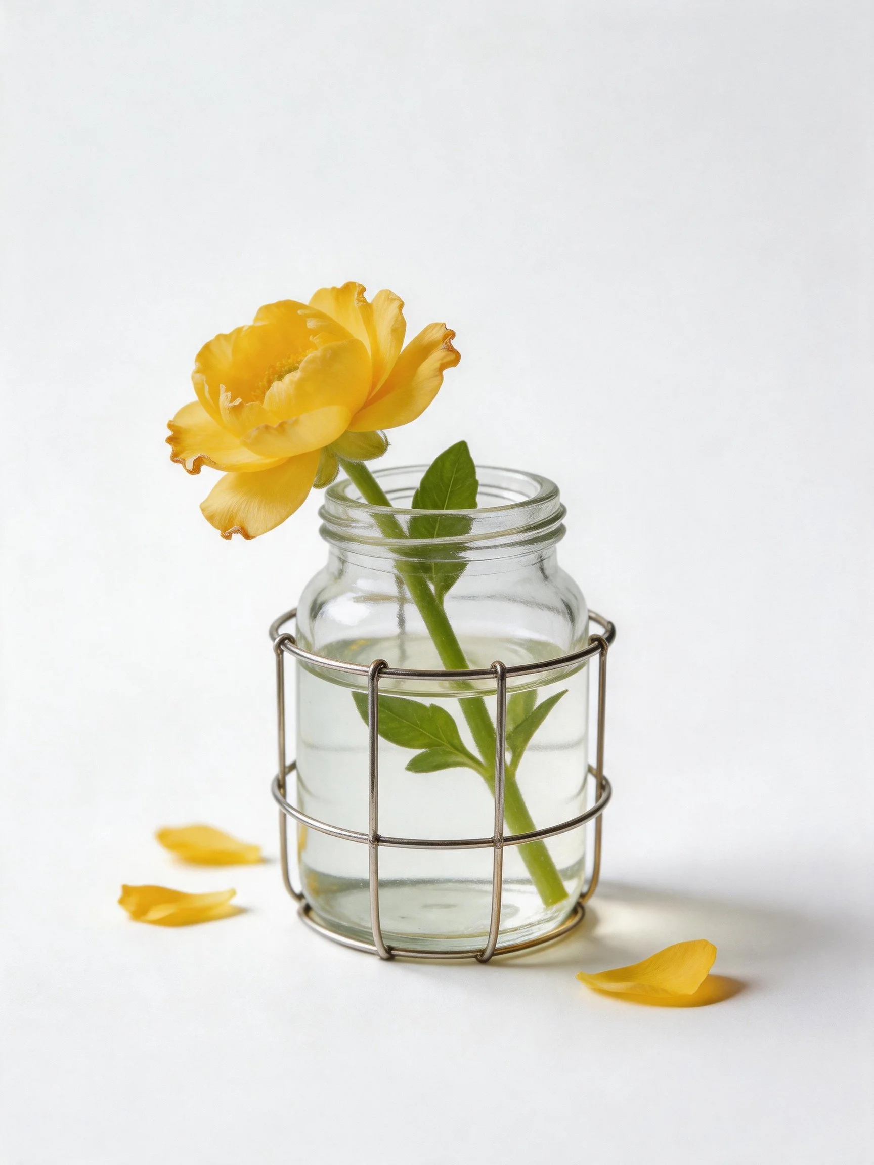 Yellow flower in glass jar with metal cage and scattered petals