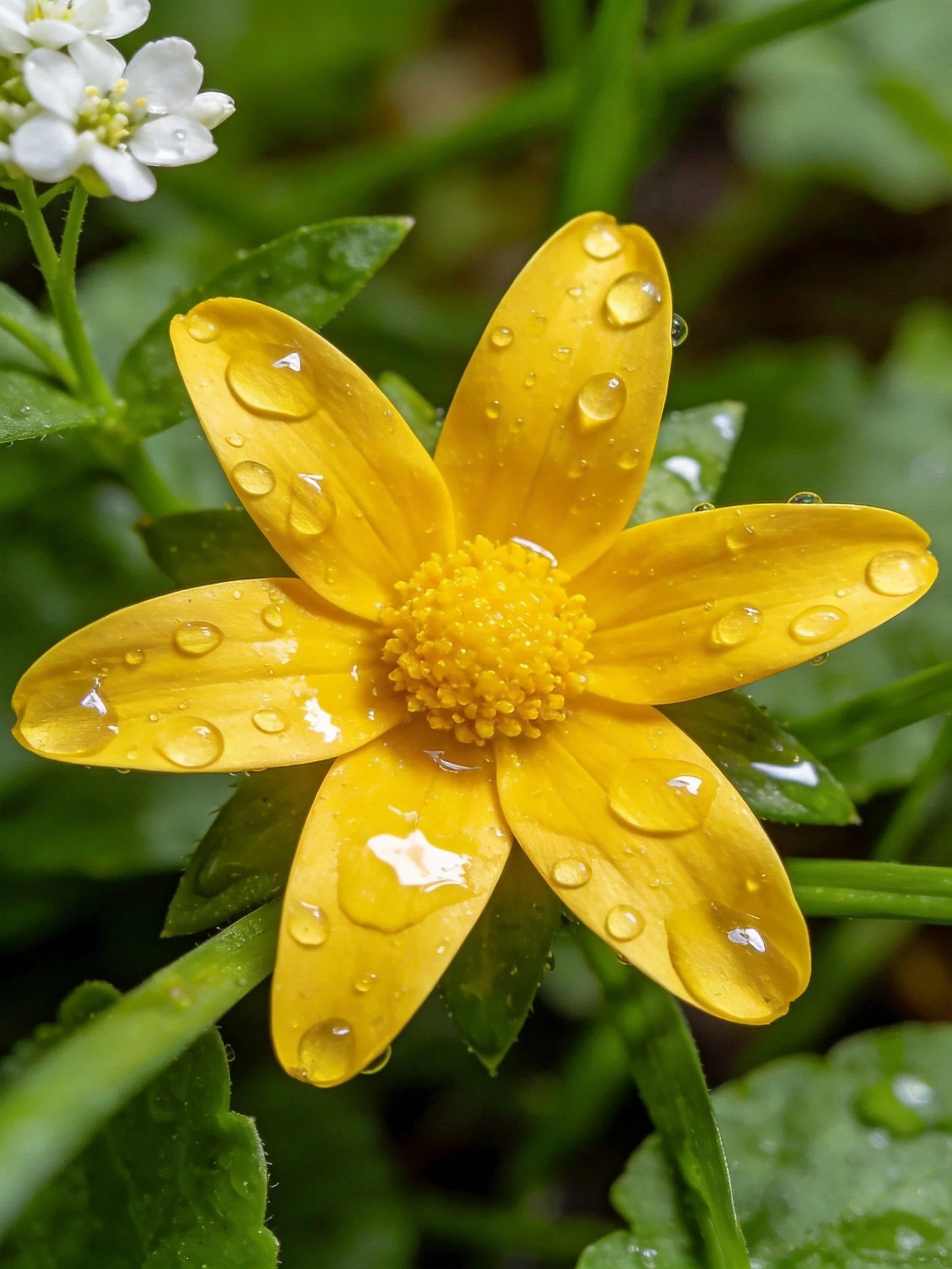 Yellow flower with water droplets amid green foliage