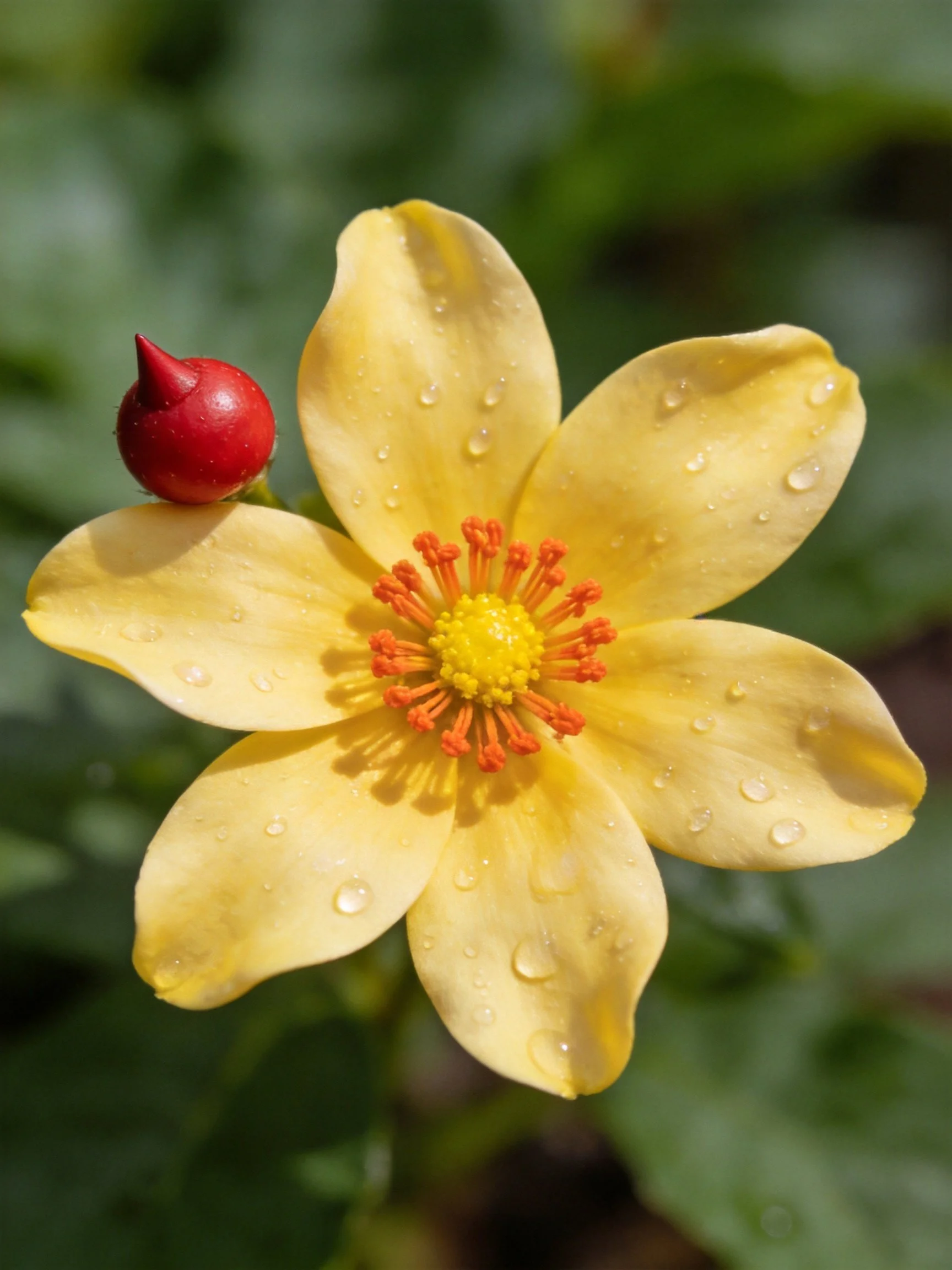 Yellow flower with water droplets and a red bud