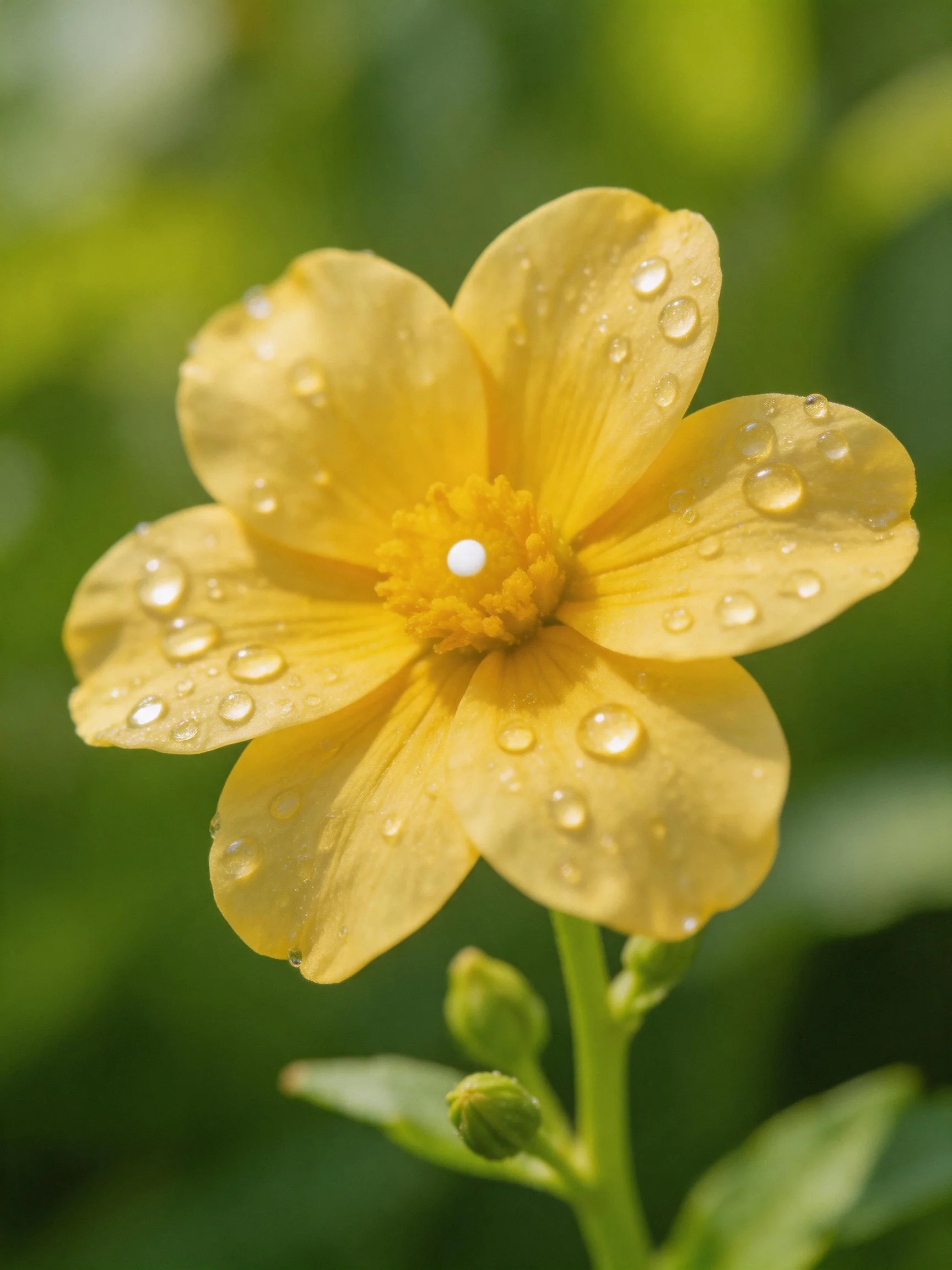 Yellow flower with water droplets and green buds