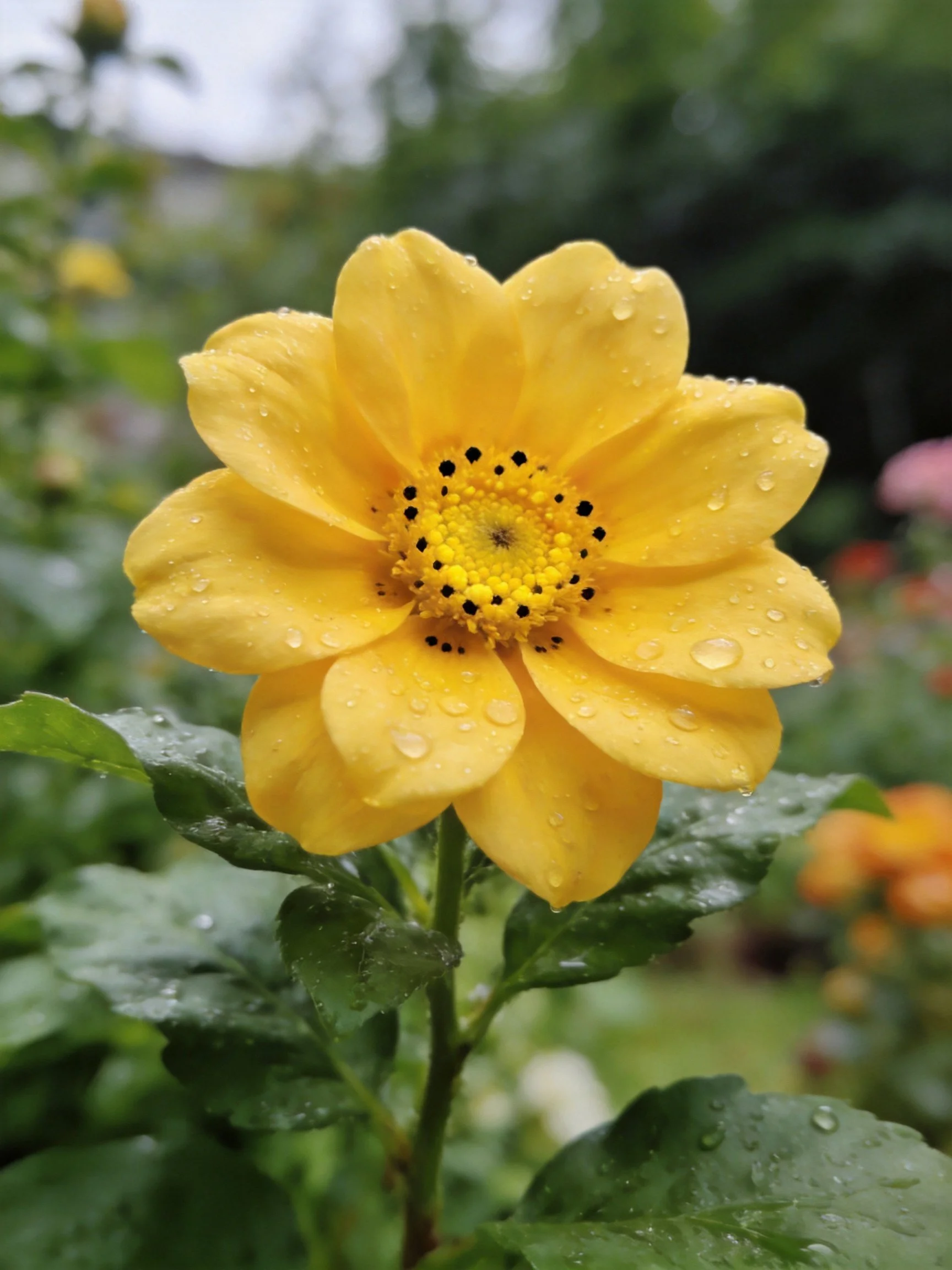 Yellow flower with water droplets, surrounded by green foliage