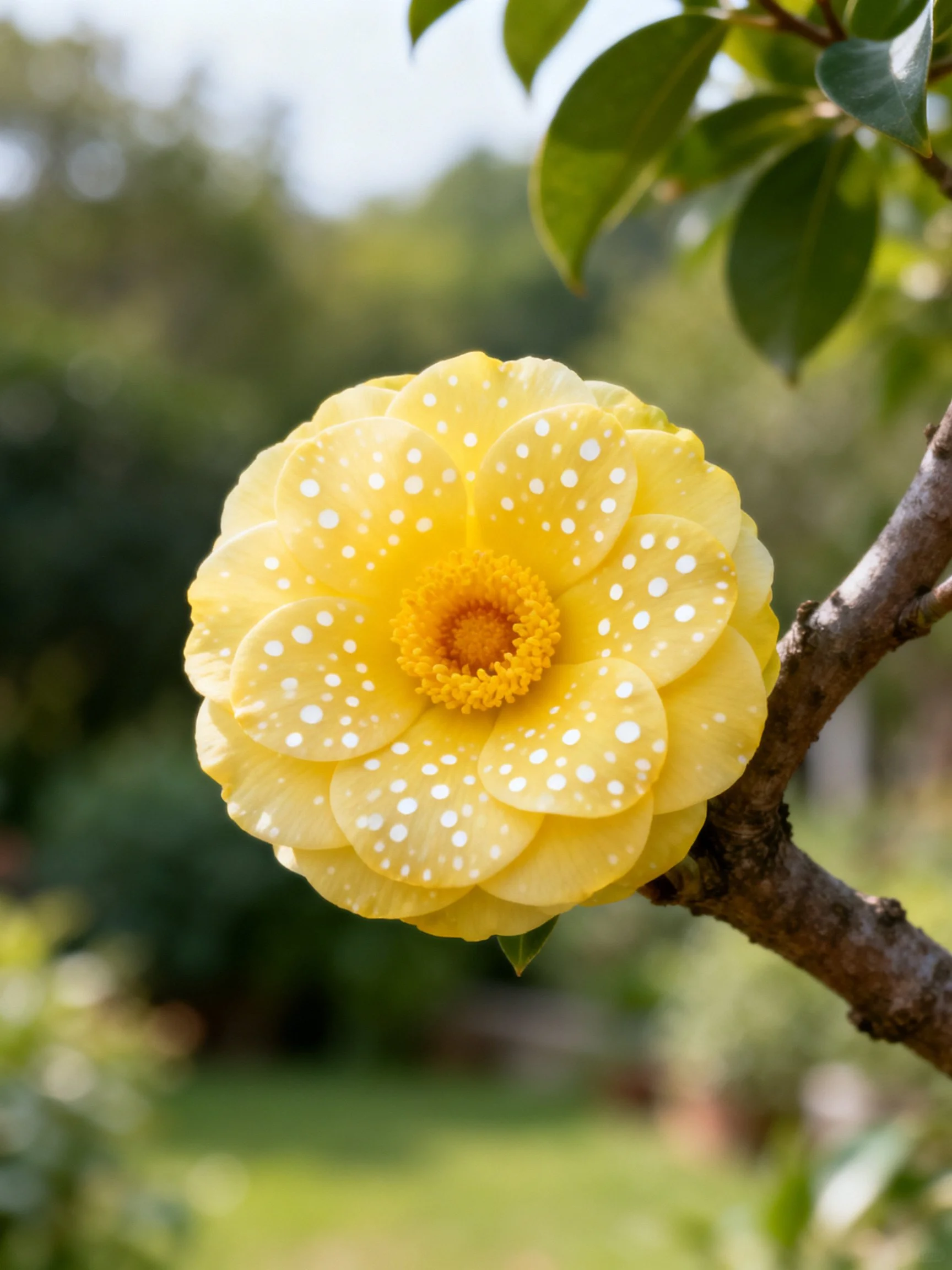 Yellow flower with white spots blooms on a tree branch