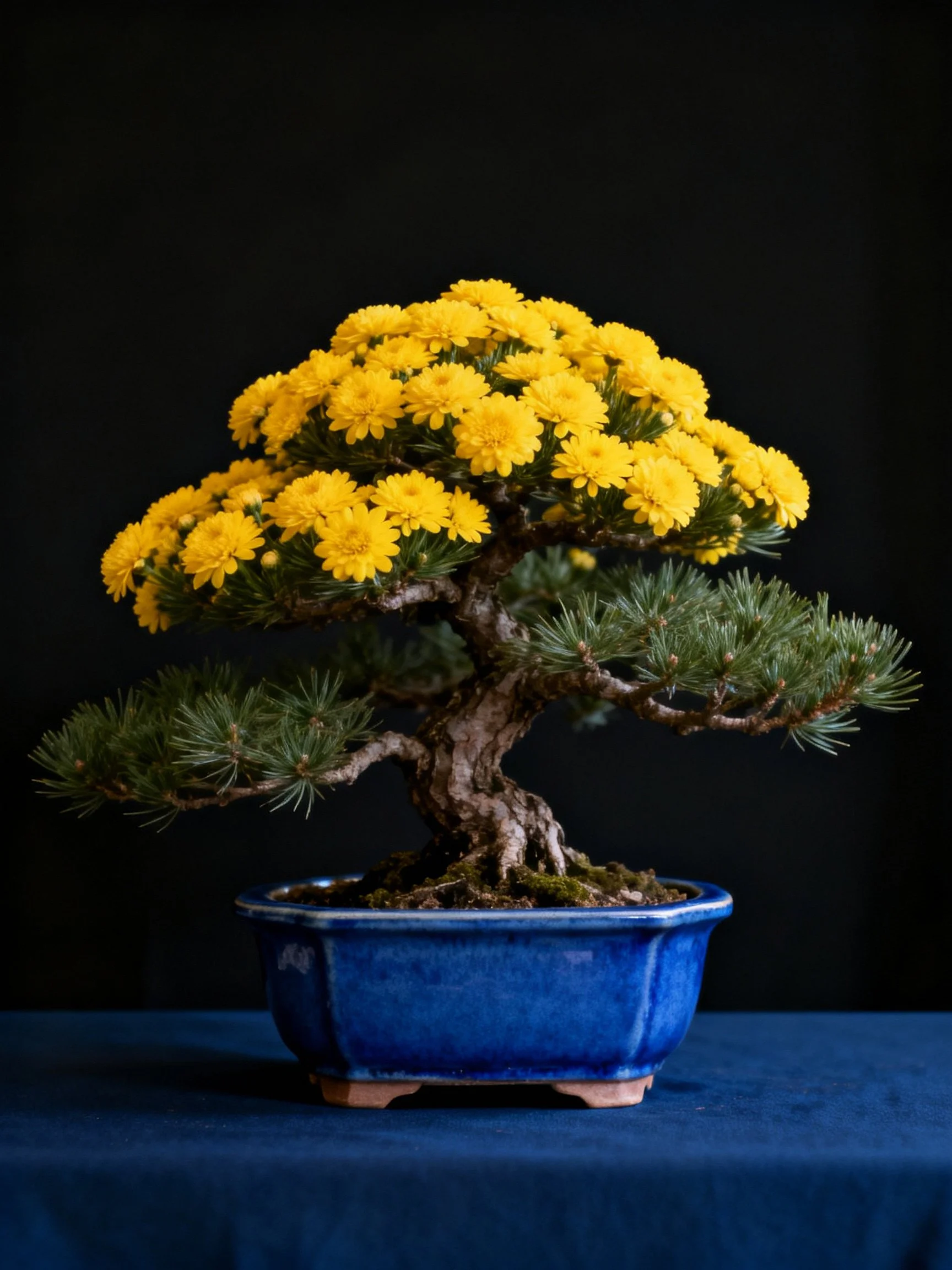 Yellow-flowered bonsai tree in deep blue pot against dark backdrop