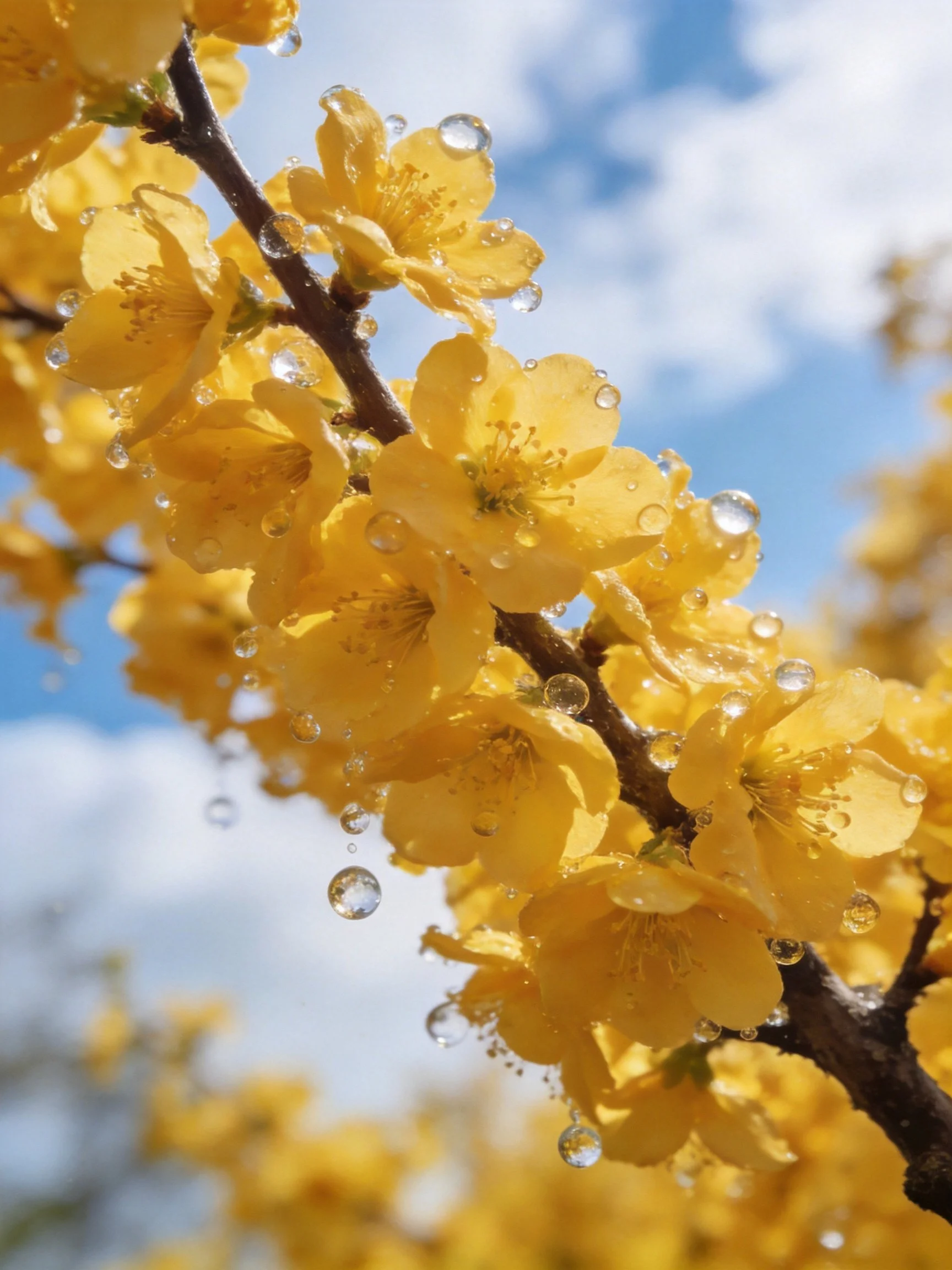 Yellow flowering branches adorned with glistening water droplets