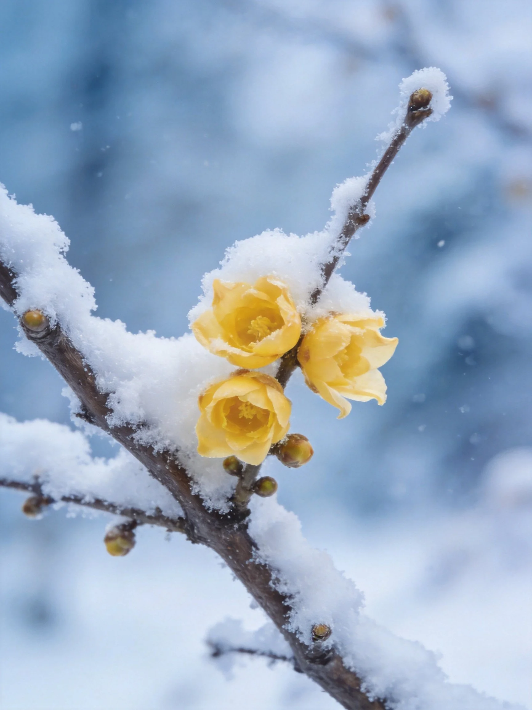 Yellow flowers blooming on snow-draped branches