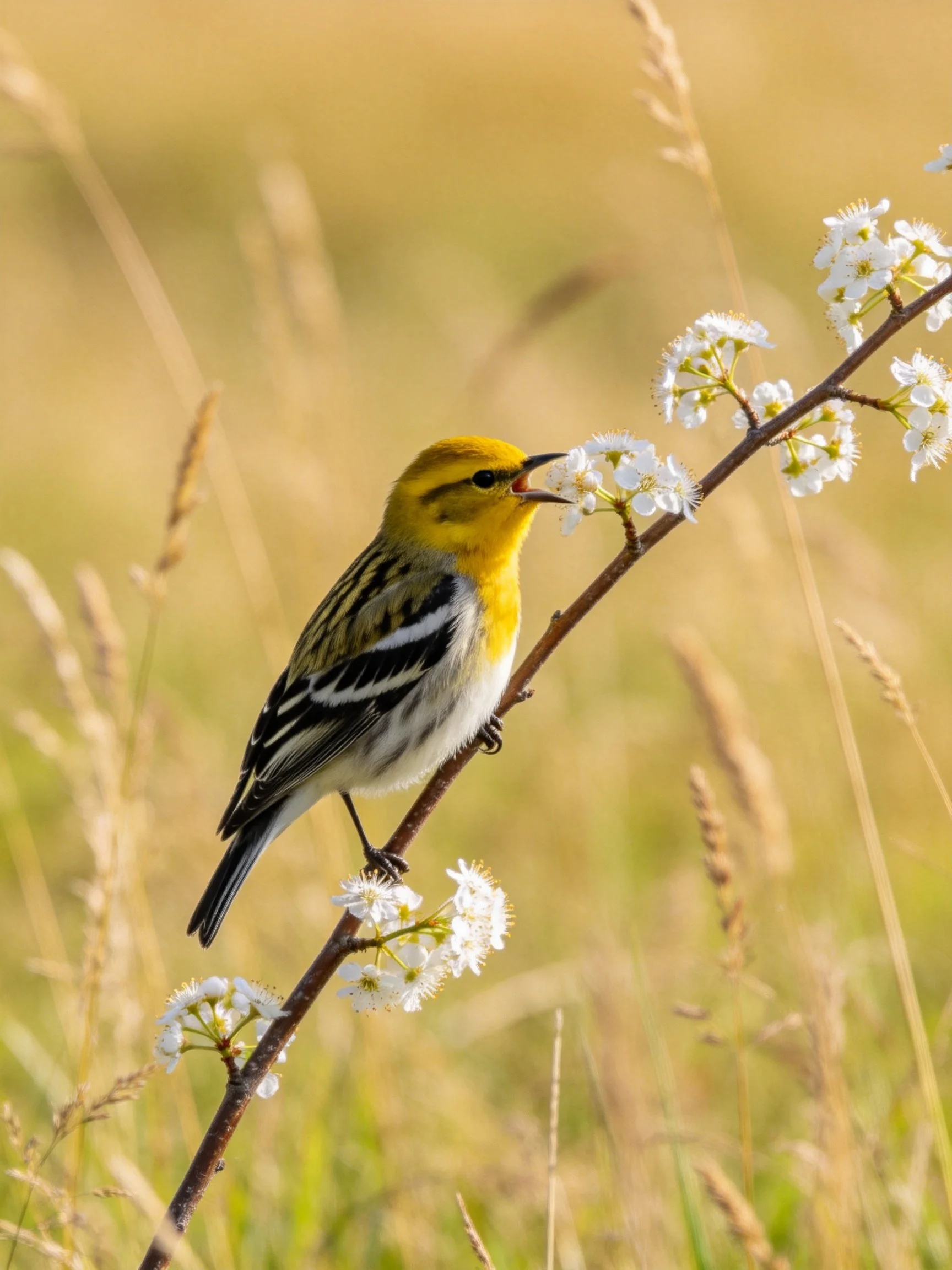 Yellow-headed bird perches on flowering branch in sunlit meadow