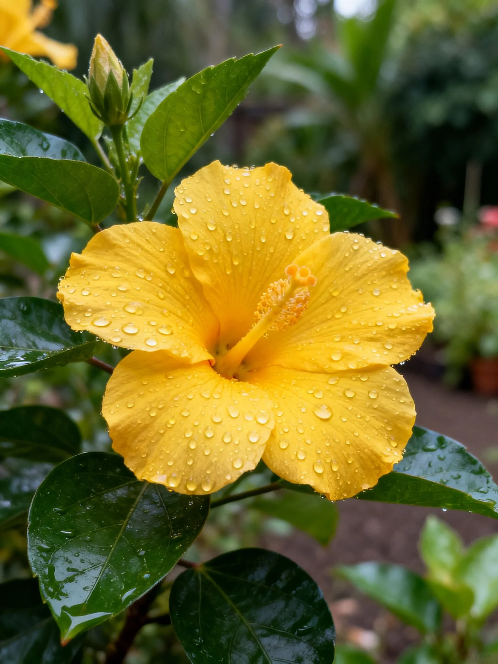 Yellow hibiscus flower with water droplets and lush green leaves