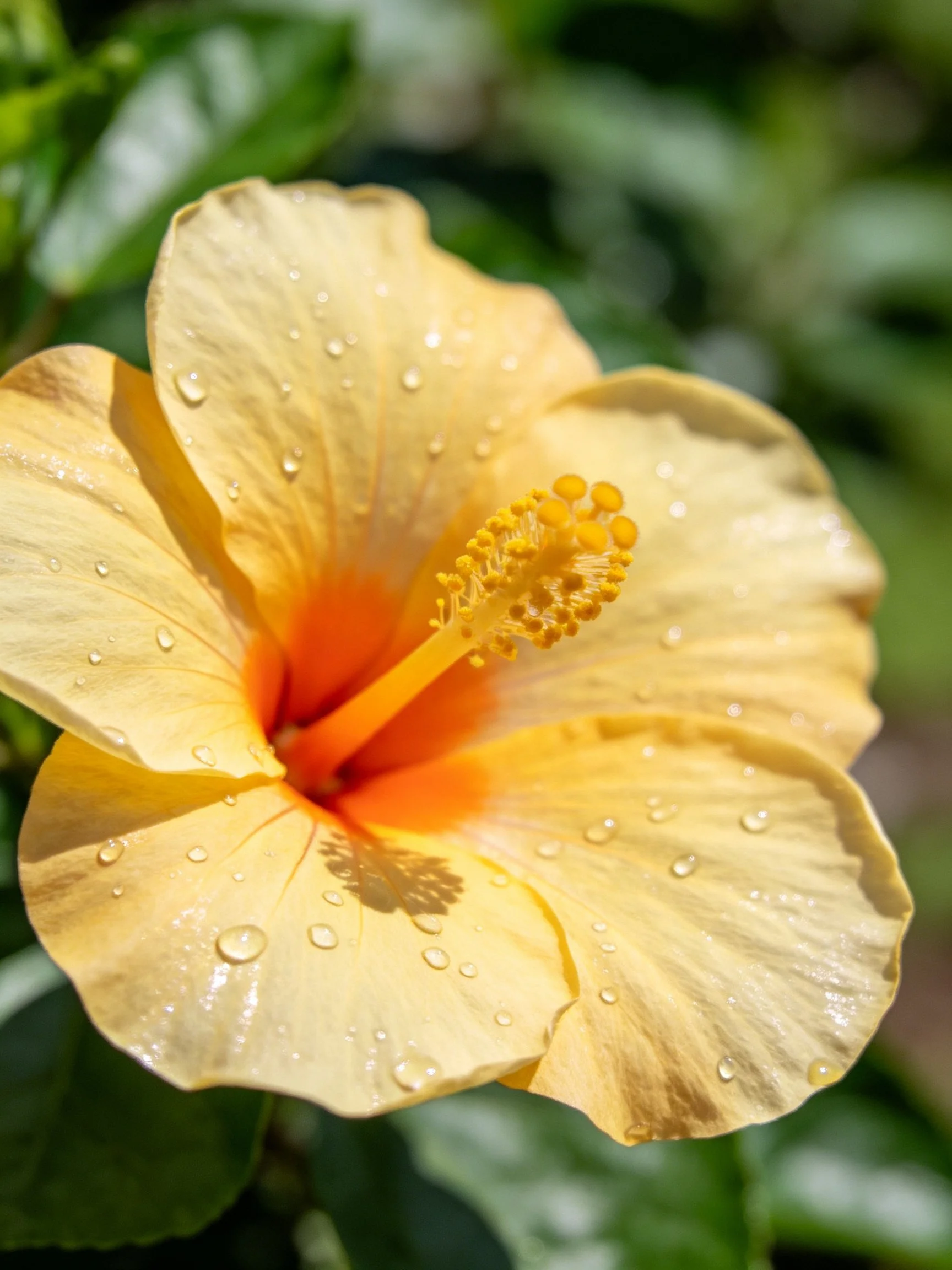 Yellow hibiscus flower with water droplets