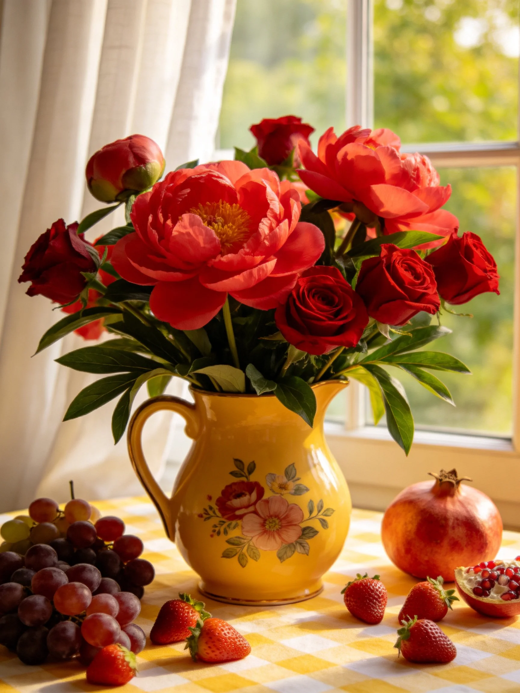 Yellow pitcher with red peonies, roses, and assorted fruits by sunlit window