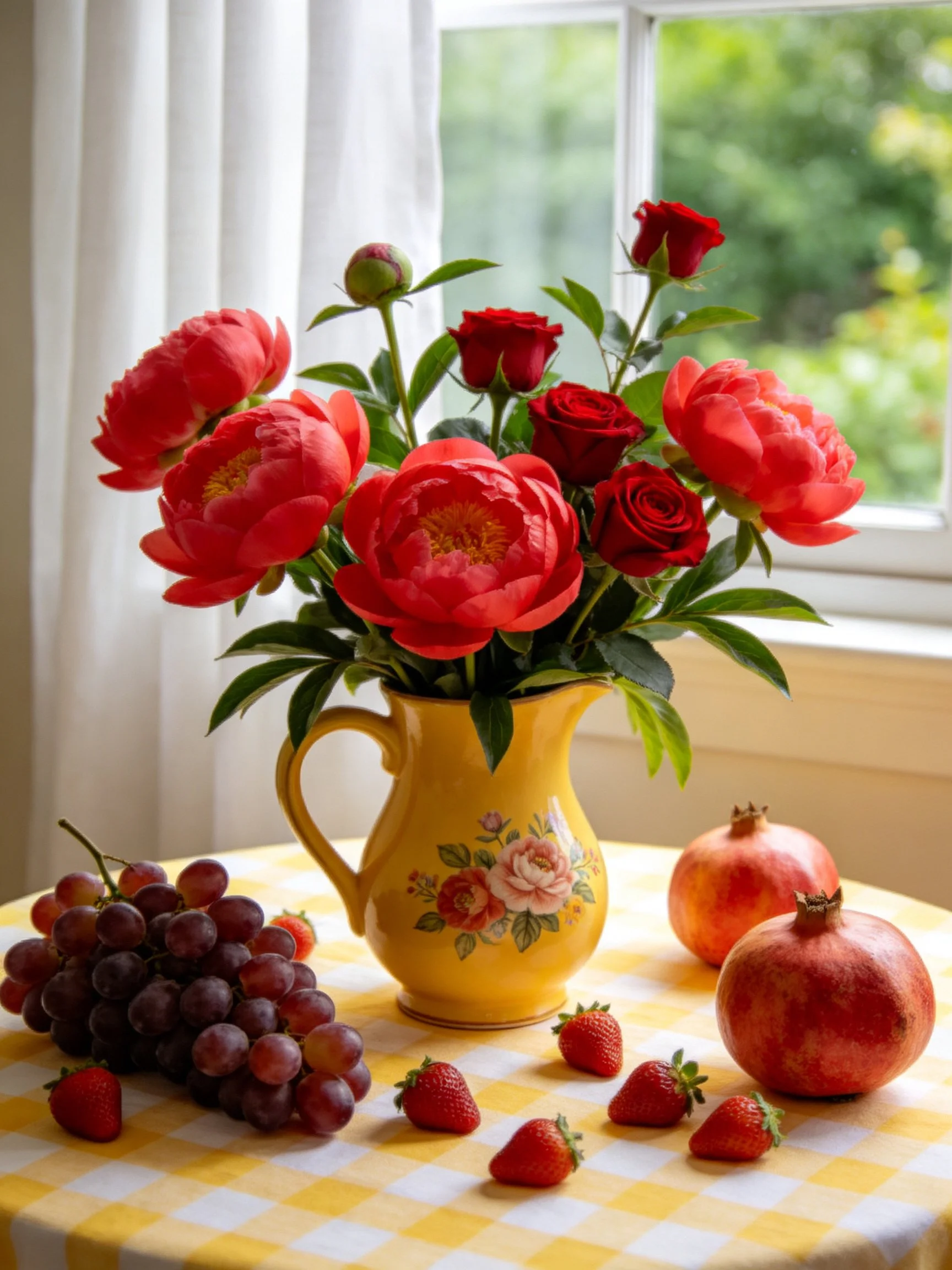 Yellow pitcher with vibrant red peonies, roses, grapes, strawberries, pomegranates