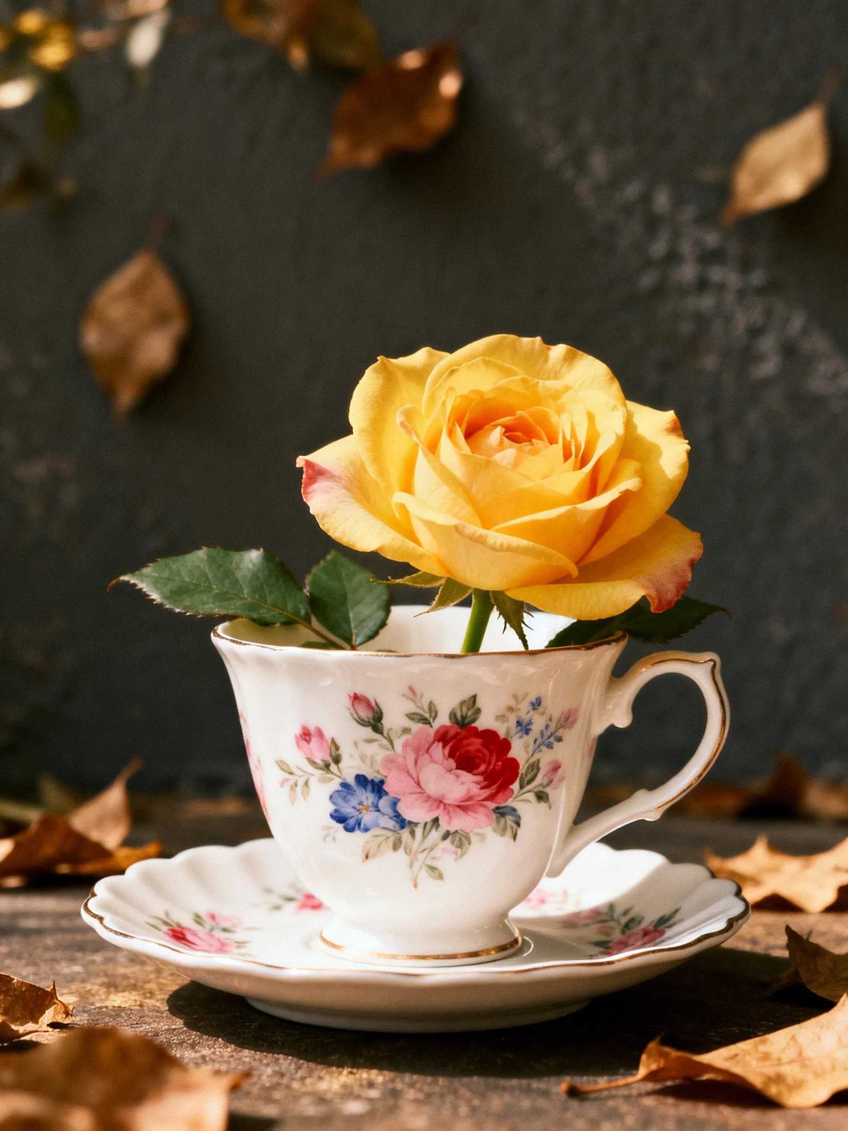 Yellow rose arranged in decorative floral teacup among autumn leaves