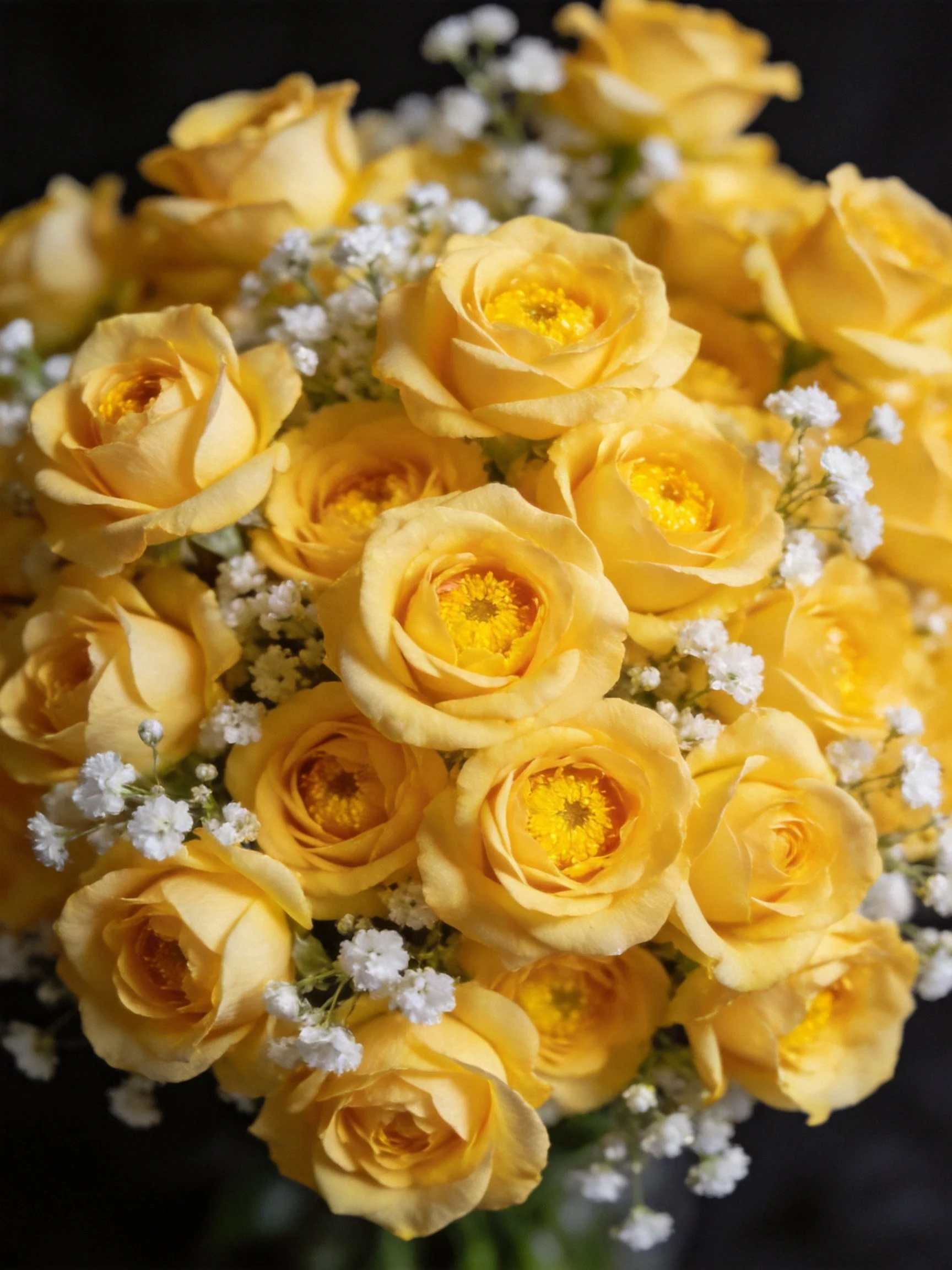 Yellow rose bouquet with delicate white baby’s breath flowers