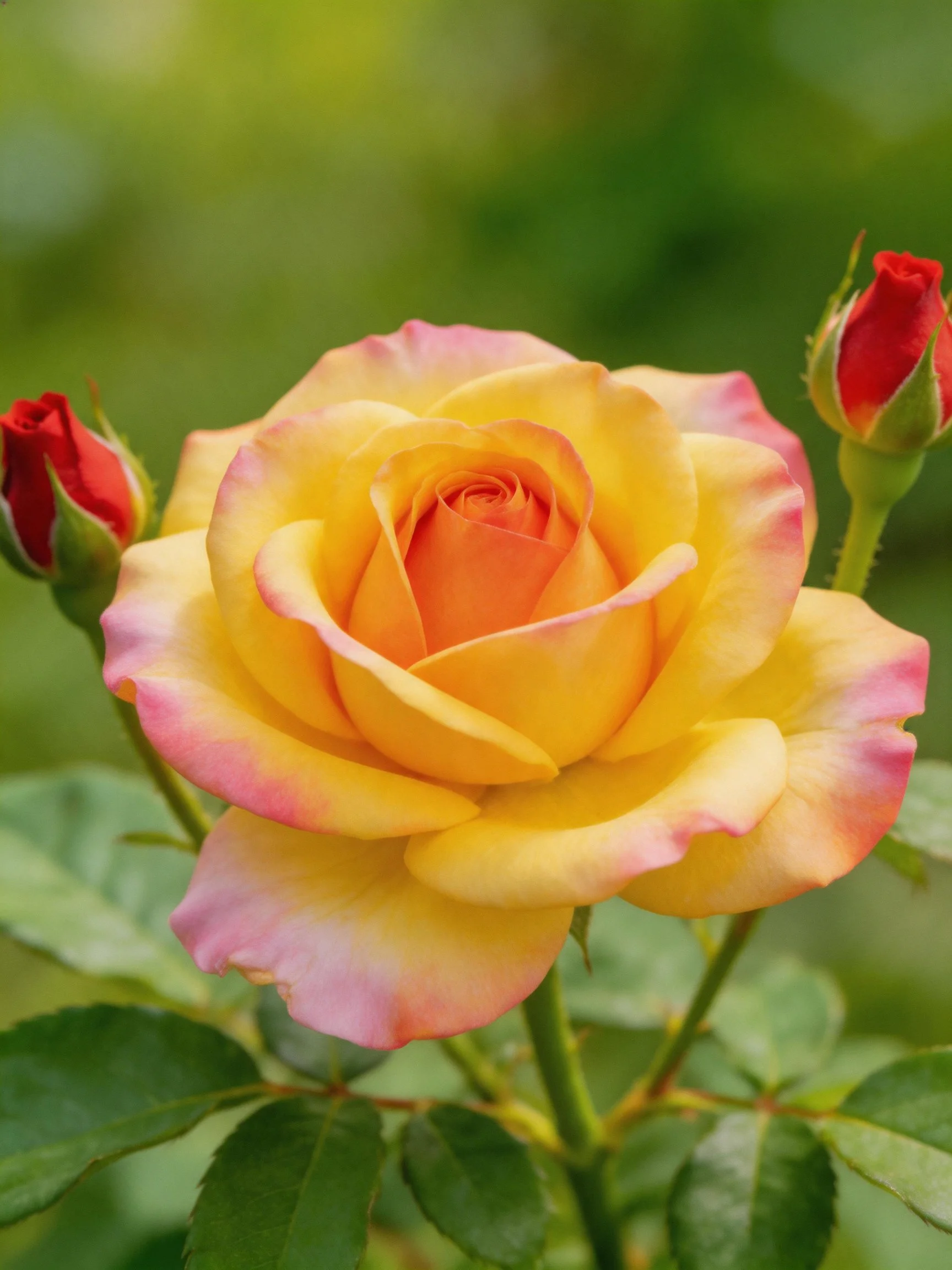 Yellow rose with pink-edged petals, flanked by two red rosebuds