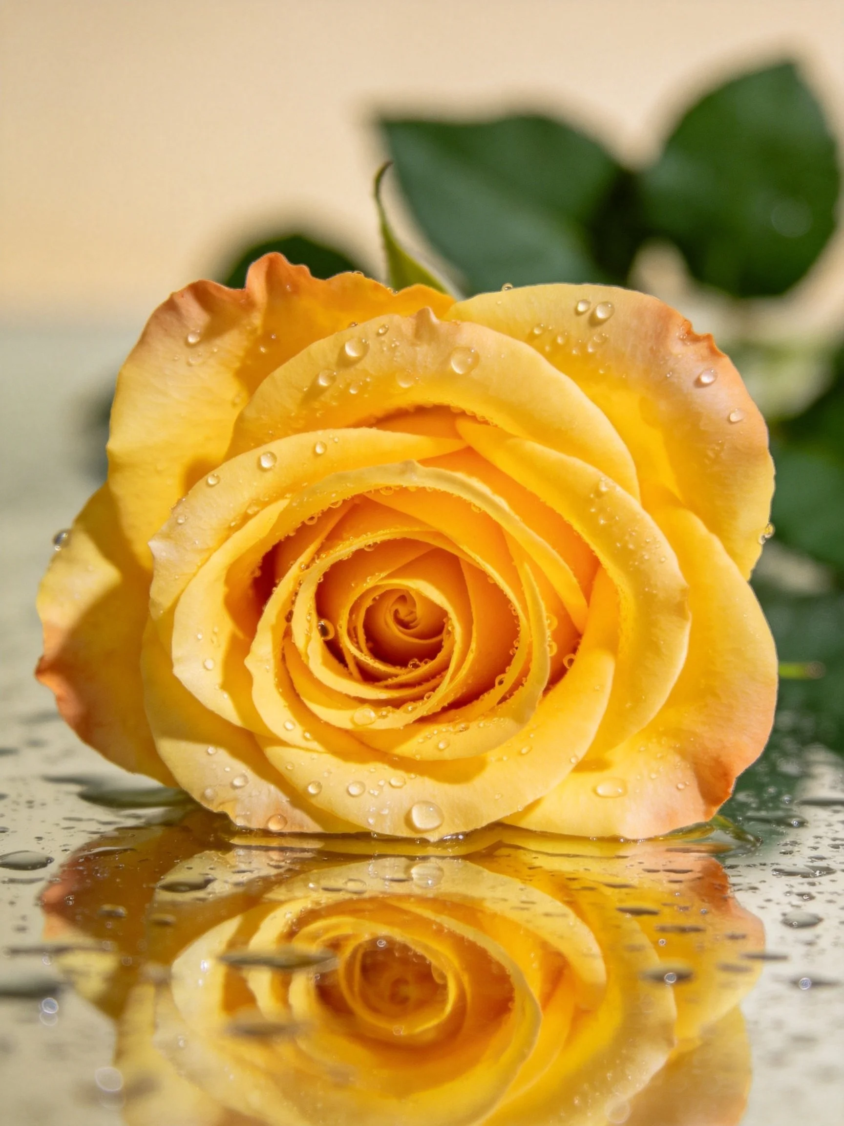 Yellow rose with water droplets, glossy reflection, green foliage