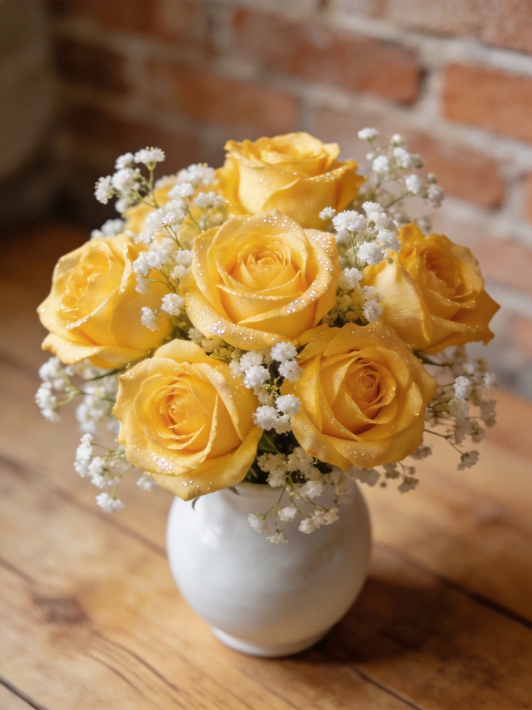 Yellow roses and baby’s breath in a white vase on a wooden table