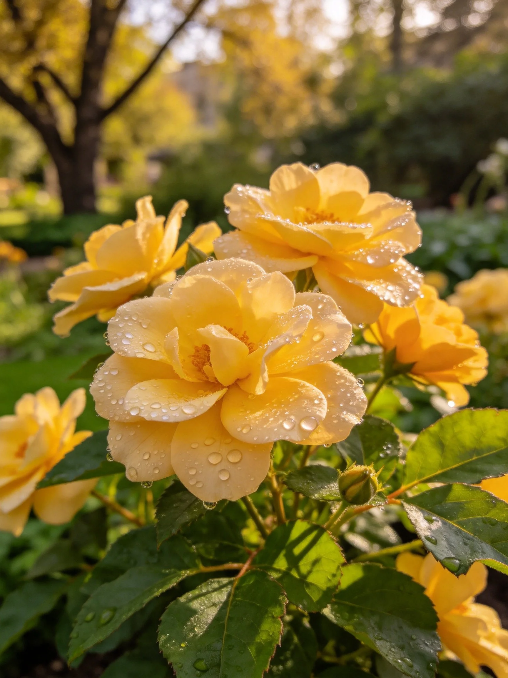 Yellow roses with dewdrops blooming in a sunlit garden