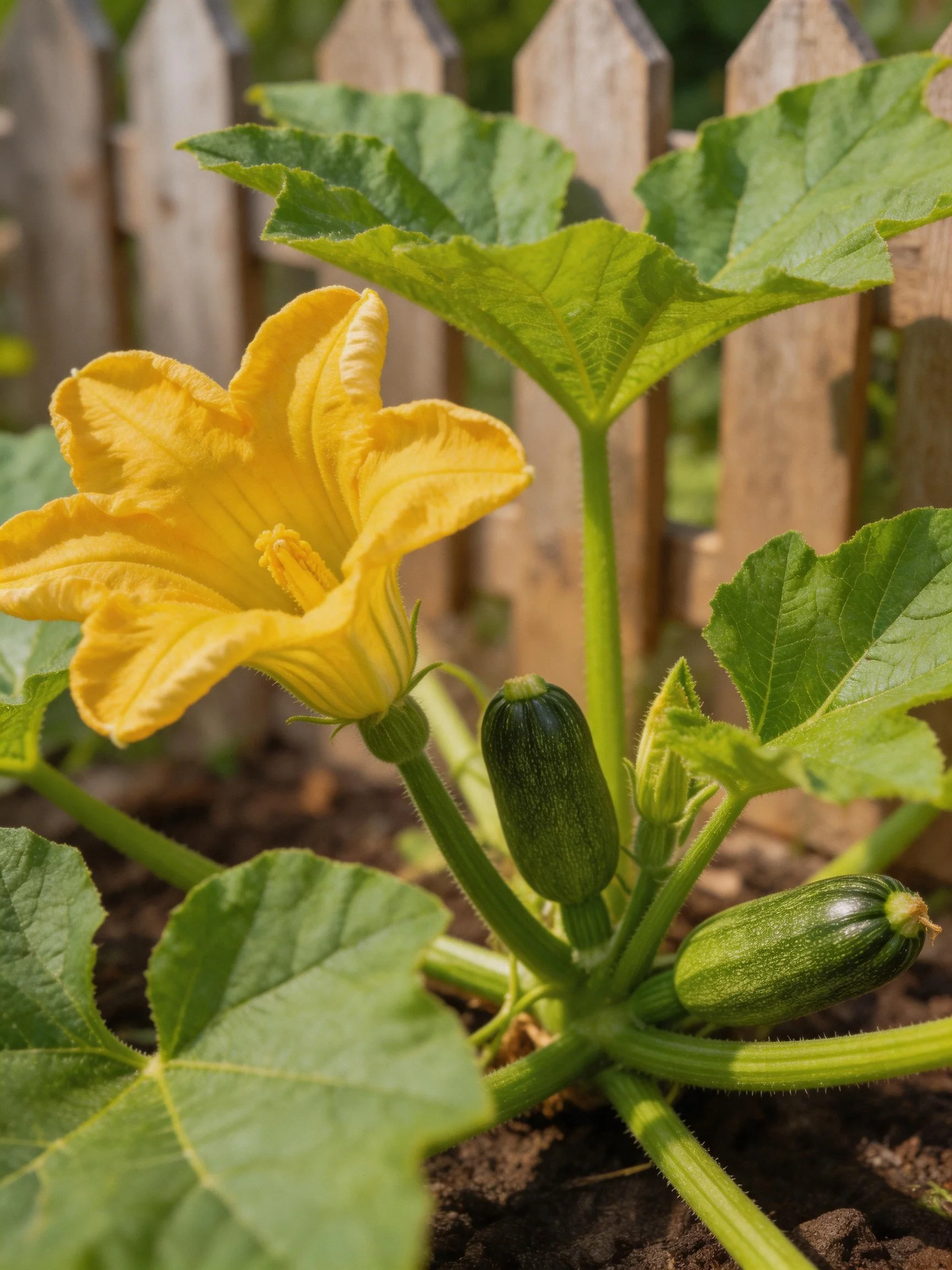 Yellow squash blossom with two small zucchinis near wooden picket fence