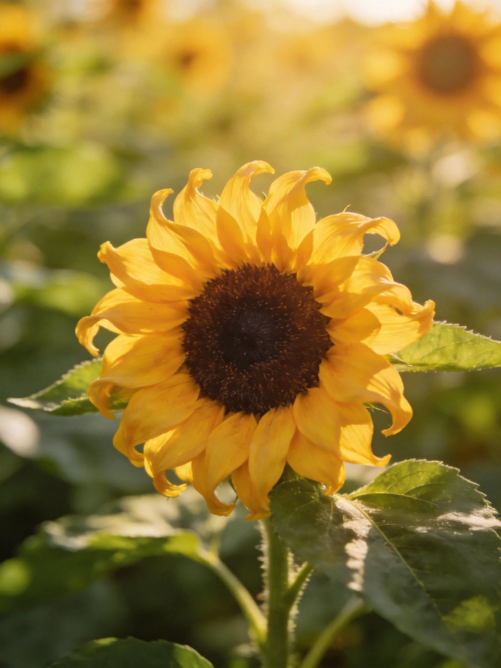 Yellow sunflower with dark brown center in sunlit meadow