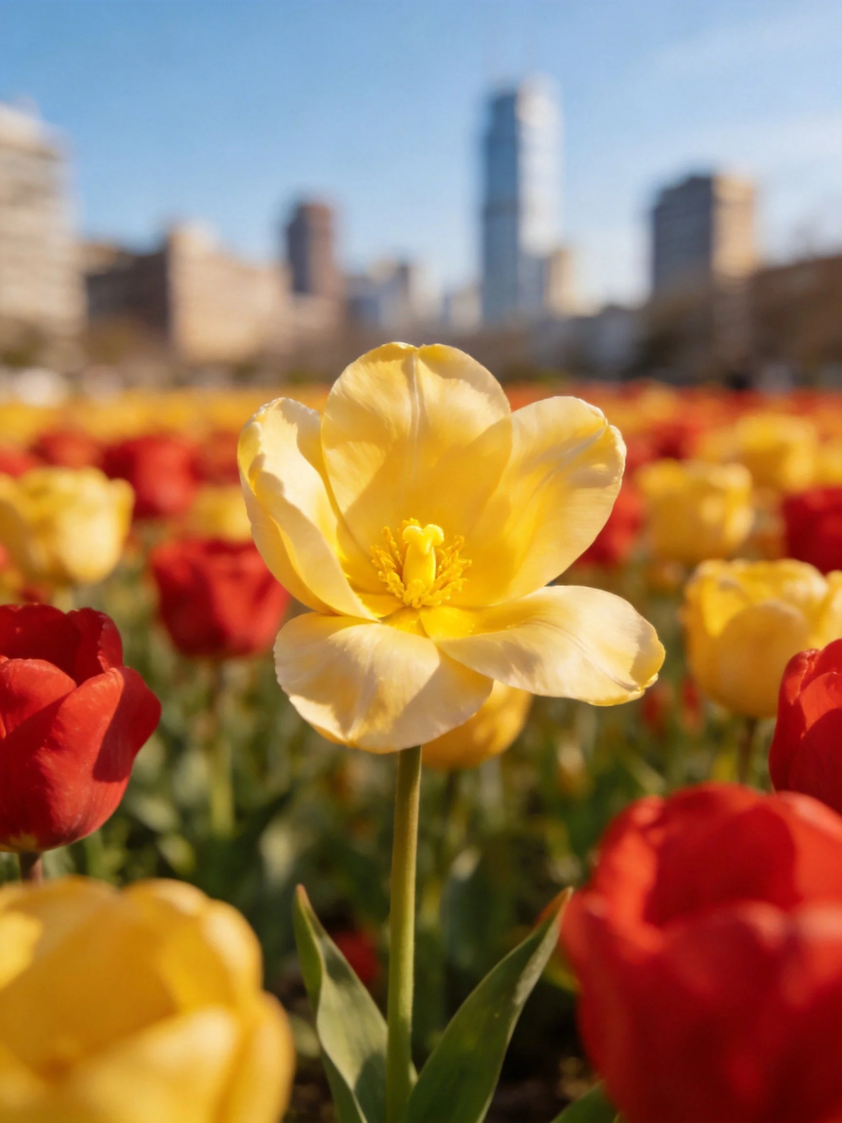 Yellow tulip centered among red tulips with city skyline backdrop