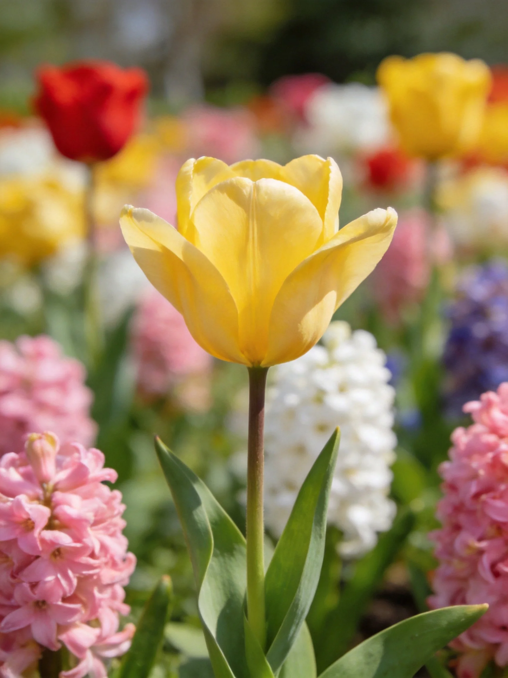 Yellow tulip prominent among assorted flowering plants