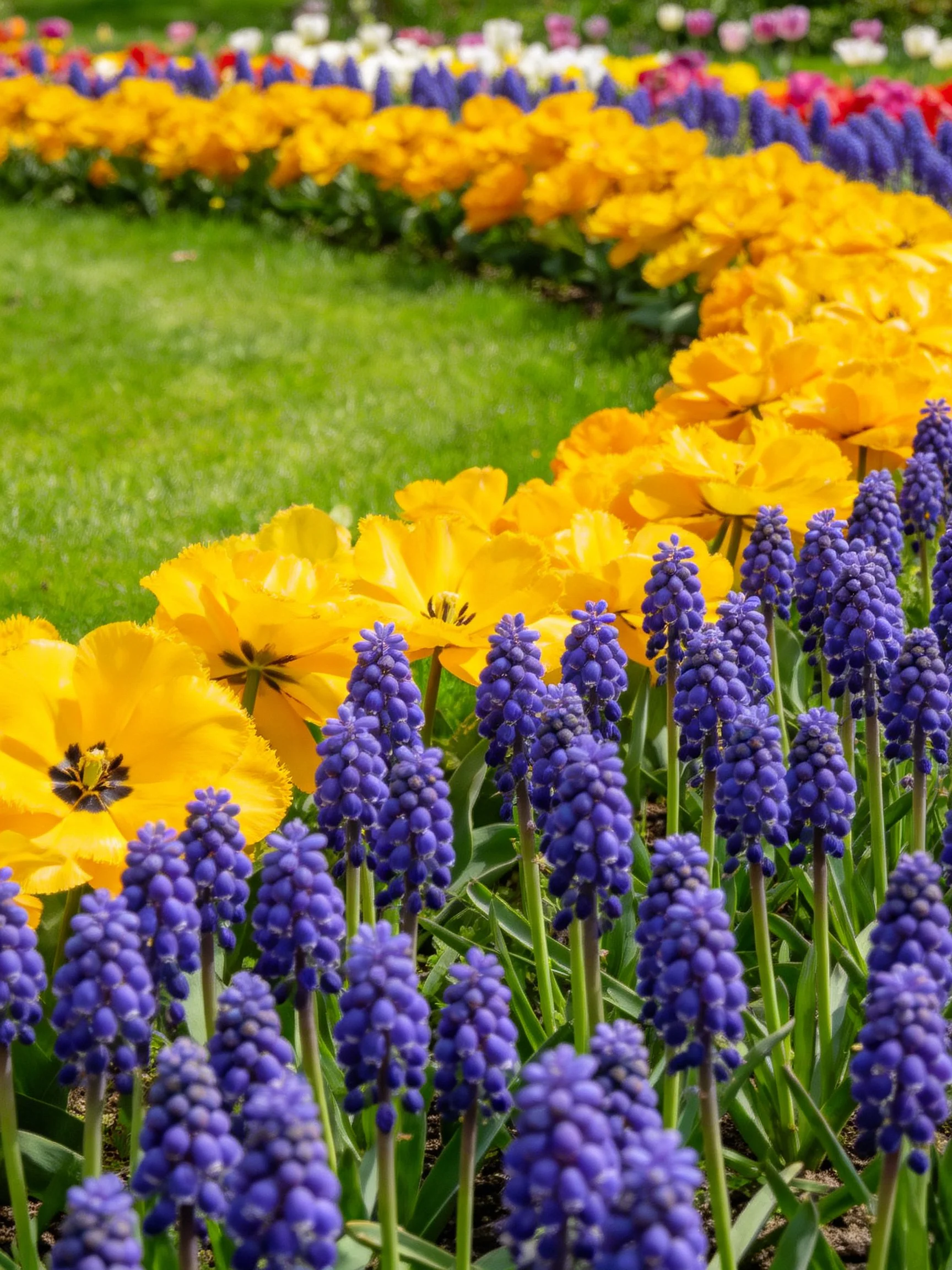 Yellow tulips and purple blooms arranged in curved garden beds