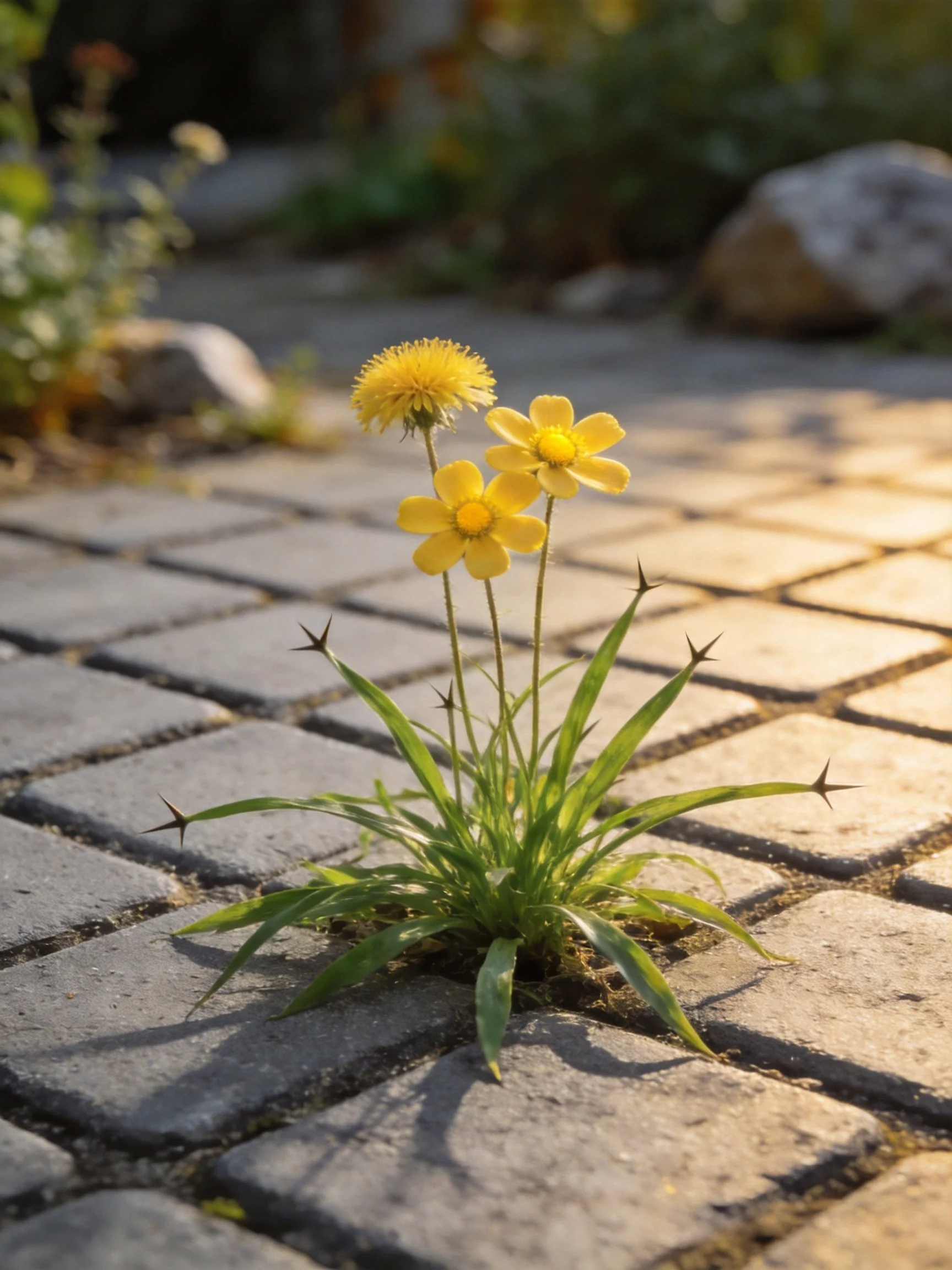 Yellow wildflowers bloom among gray stone pavement