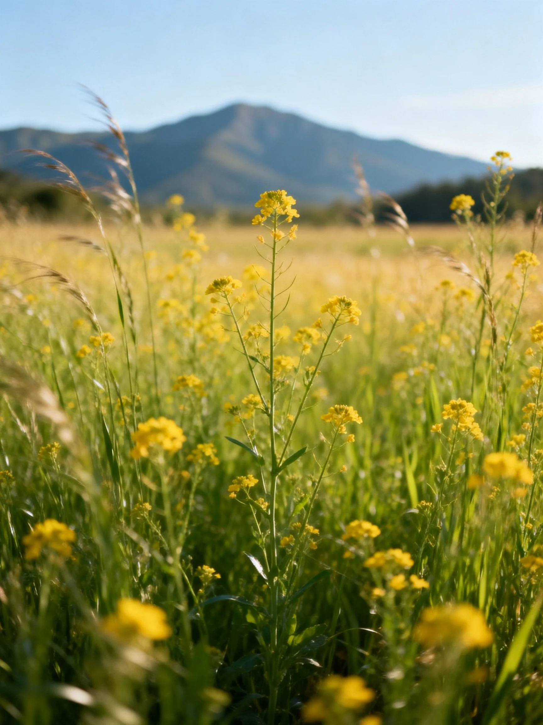 Yellow wildflowers fill a sunlit meadow near distant mountains