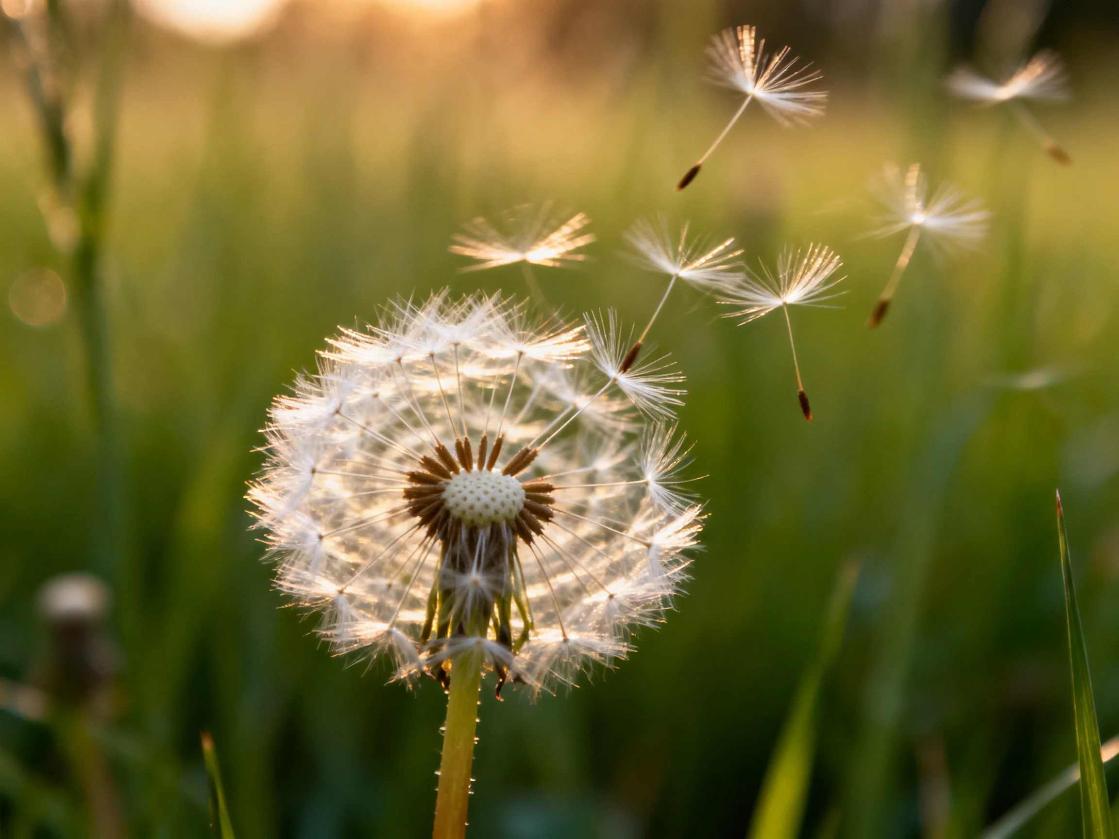 A Dandelion Seed Head with Floating Seeds in Sunlit Green Field