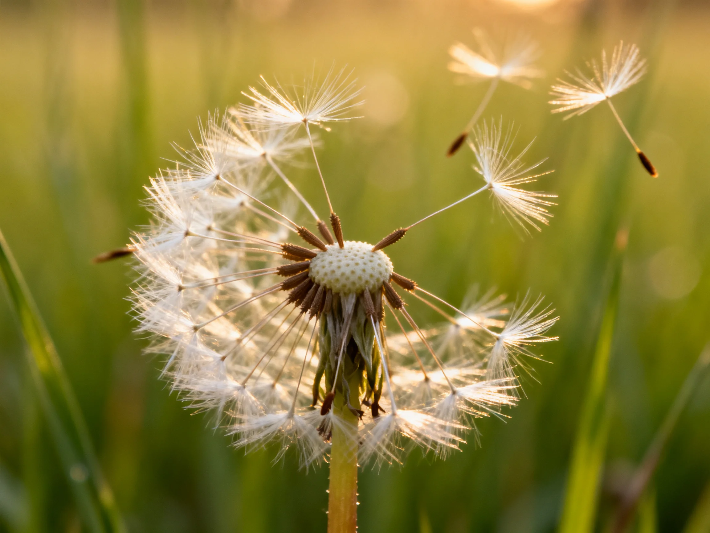 A Dandelion Seed Head with Floating White Seeds Amidst Green Grass