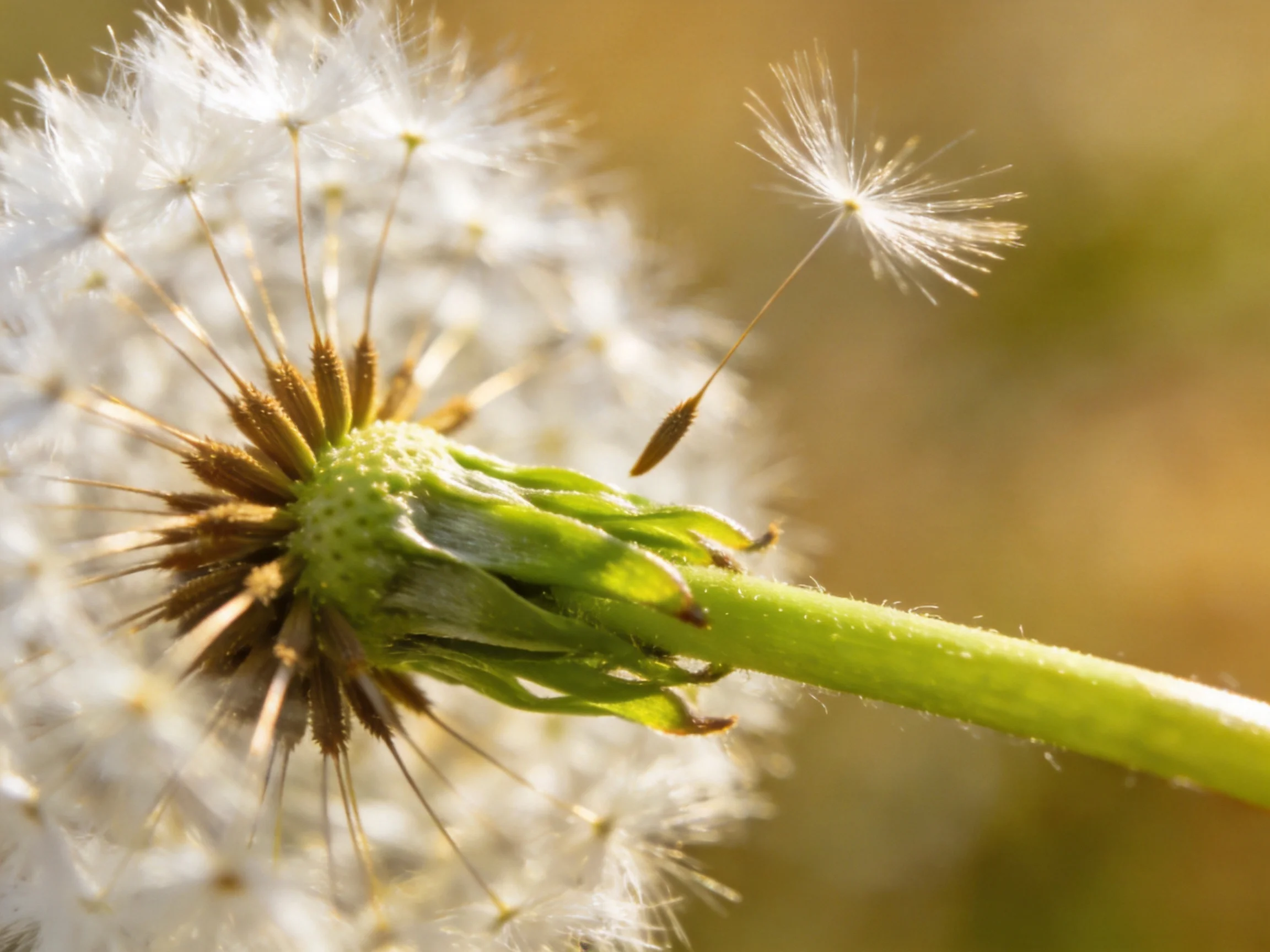 A Dandelion Seed Head with Floating White Seeds and Green Stem