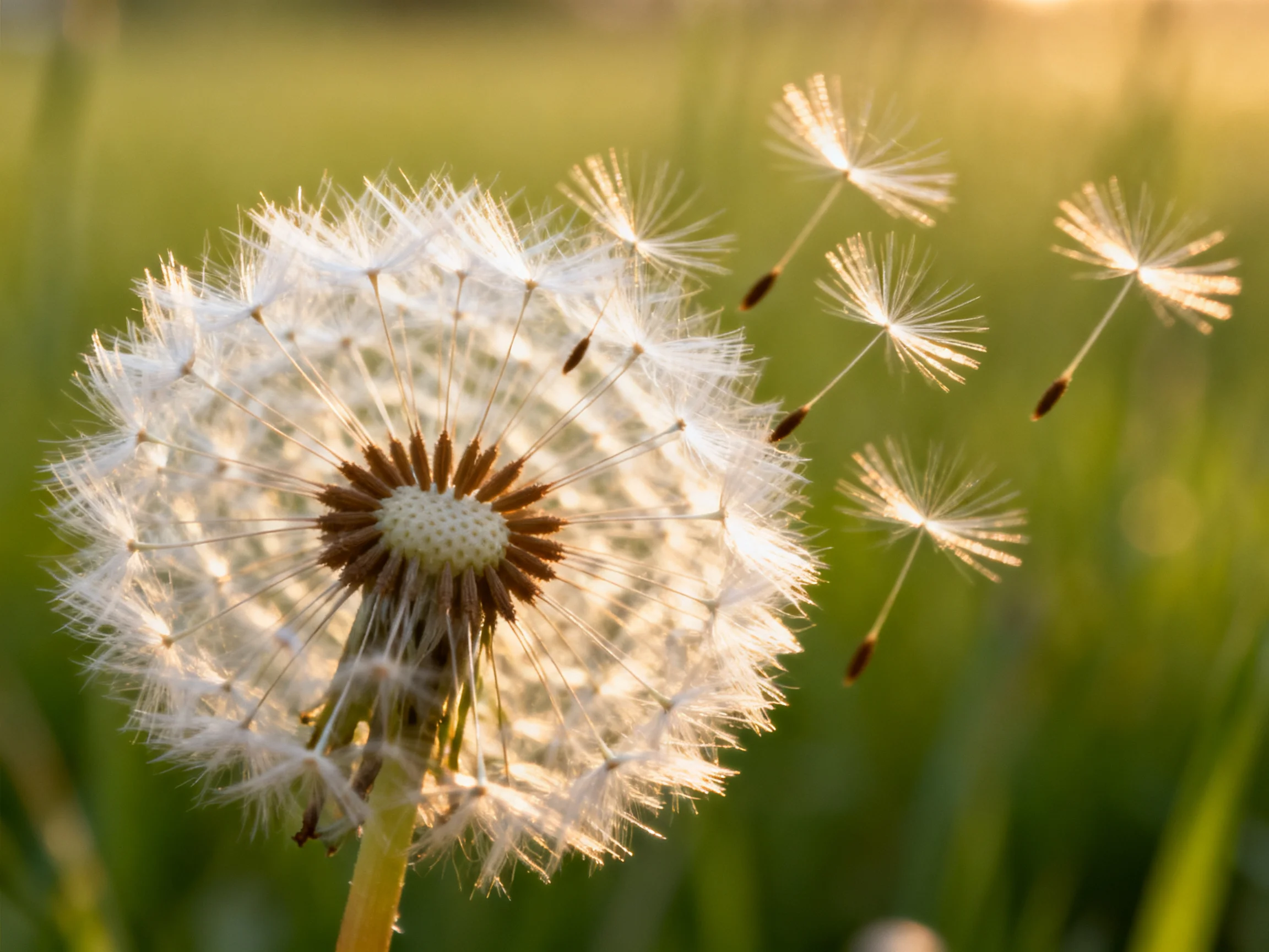 A Dandelion With Floating Seeds in Golden-Hued Grass