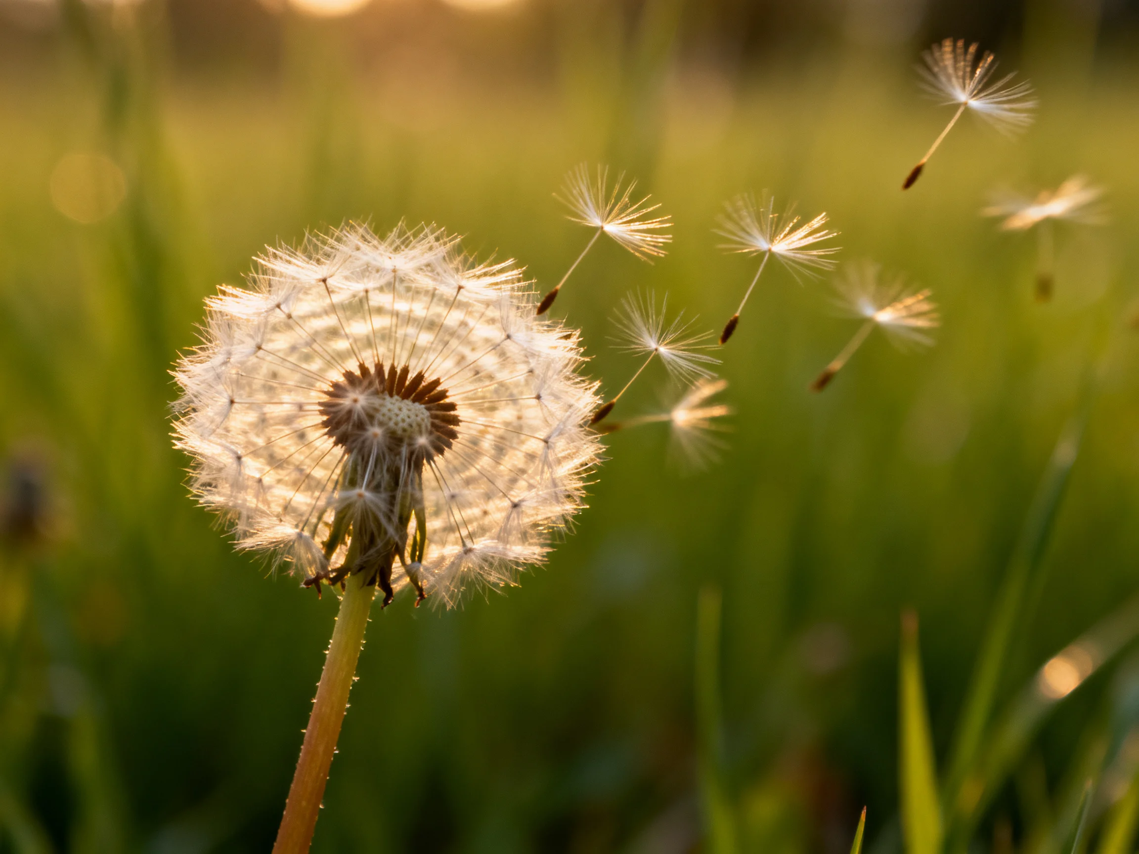 A Dandelion With Seeds Dispersing in Golden Light Among Greenery