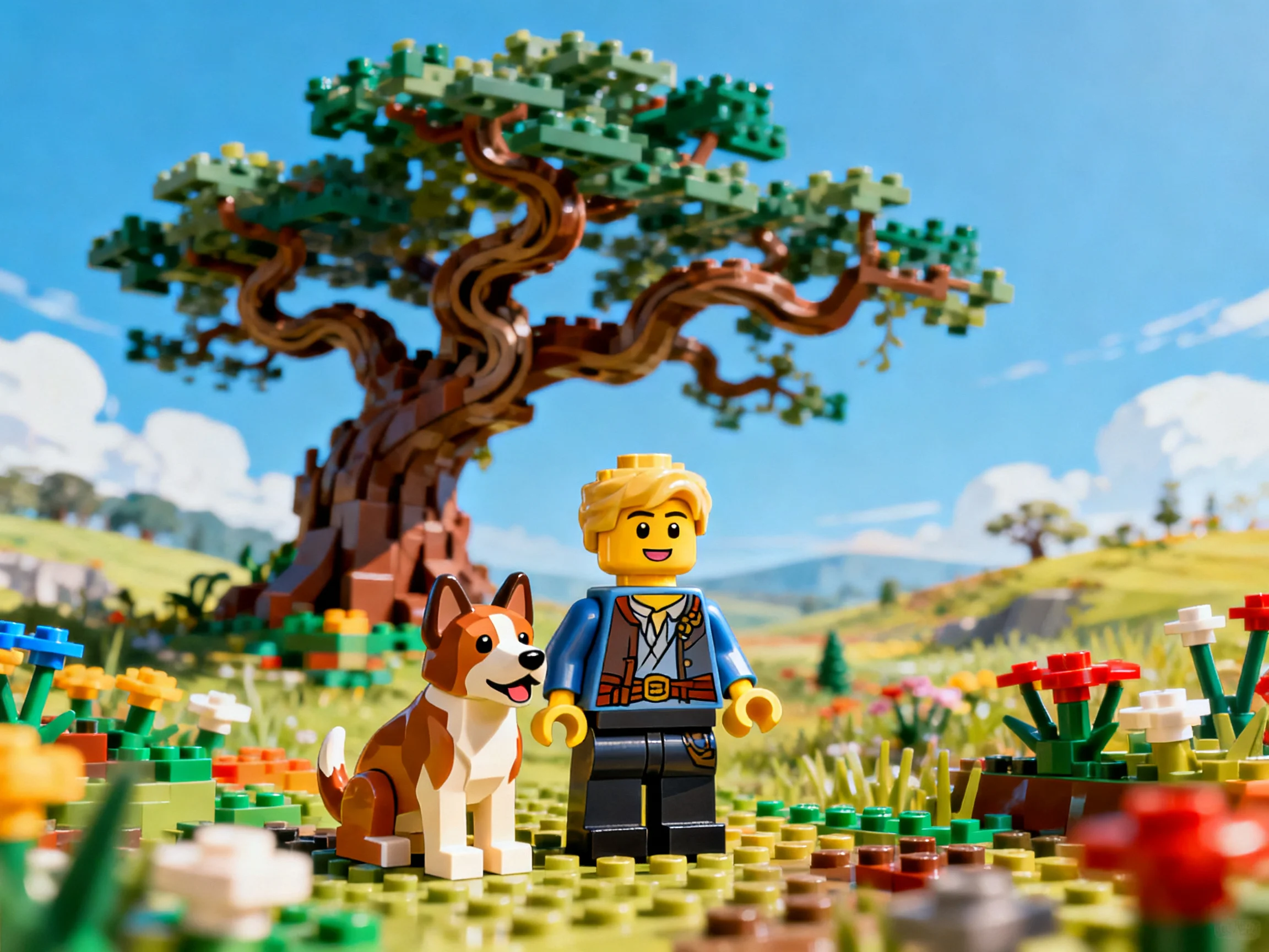 A LEGO figure and dog stand near a large, twisted green tree in a vibrant flower-filled meadow
