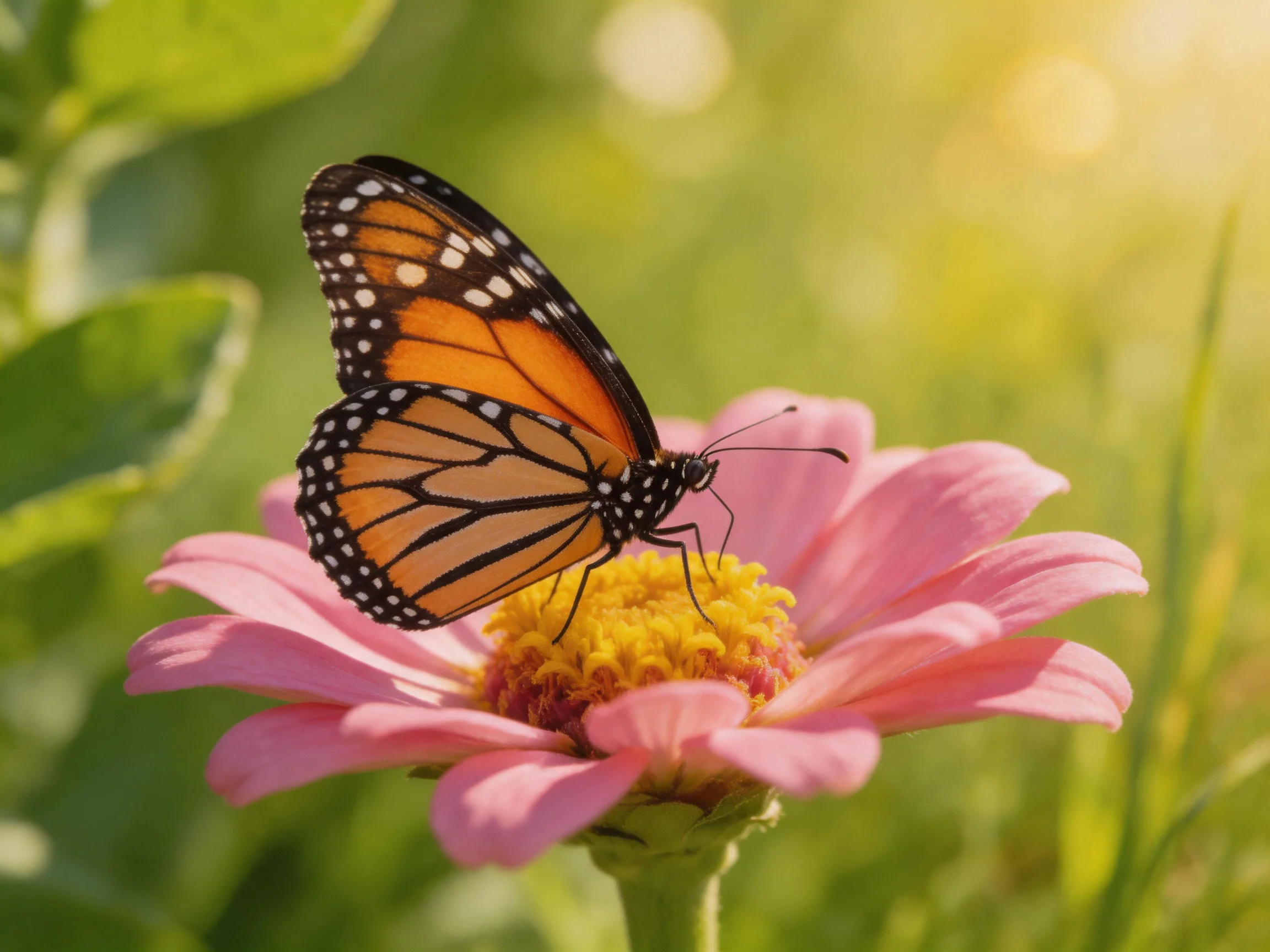 A Monarch Butterfly Perched on a Pink Flower with Yellow Center