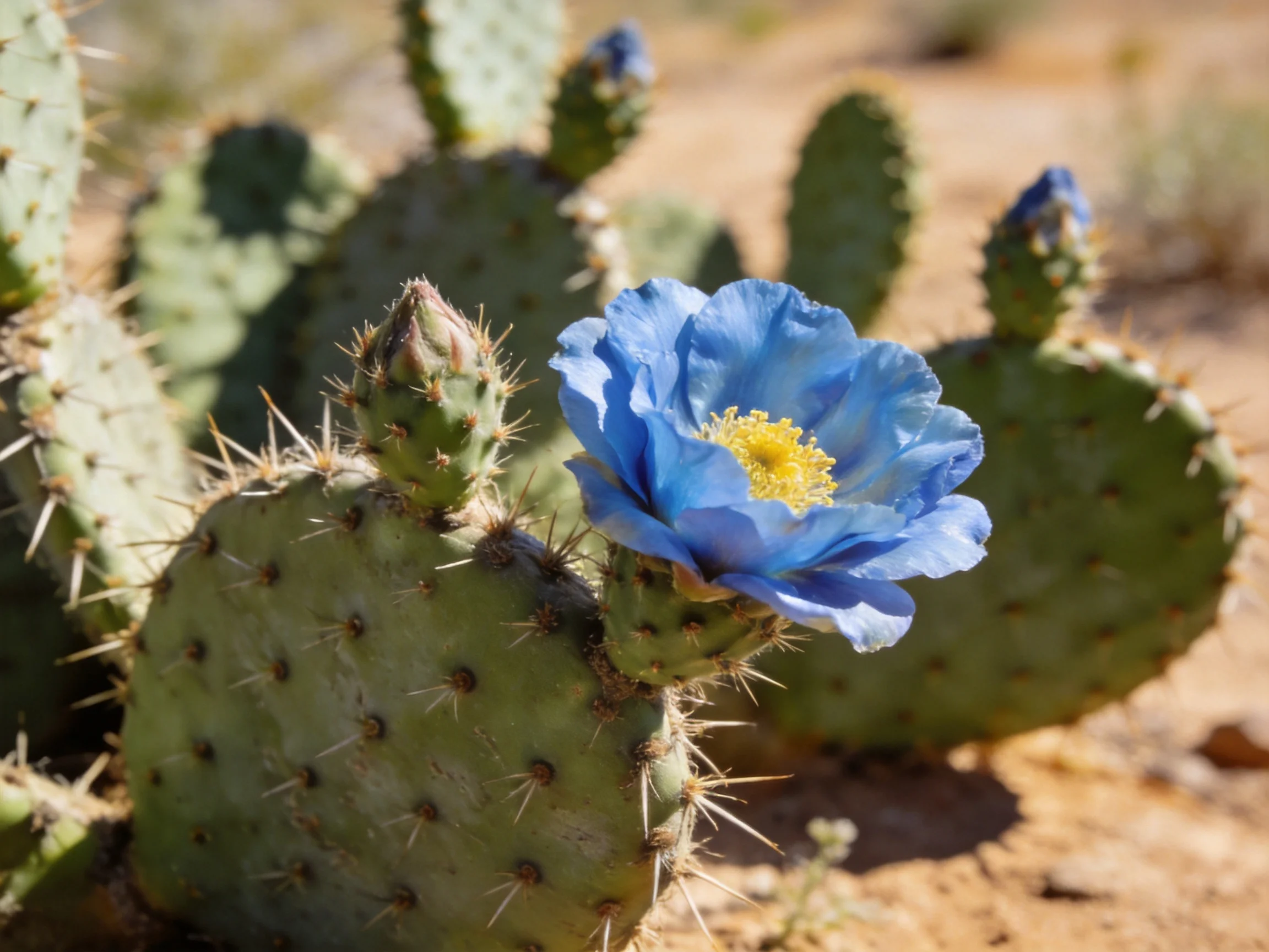 A Prickly Cactus with a Vibrant Blue Flower in a Sandy Desert