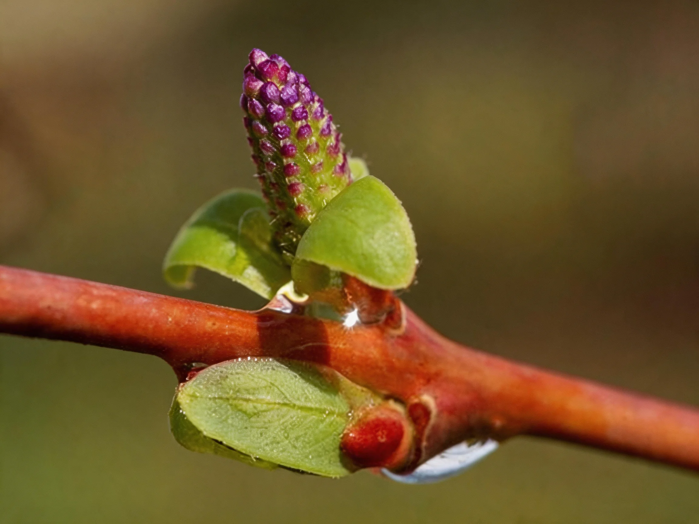 A Purple Flower Bud with Green Leaves on a Reddish-Brown Branch