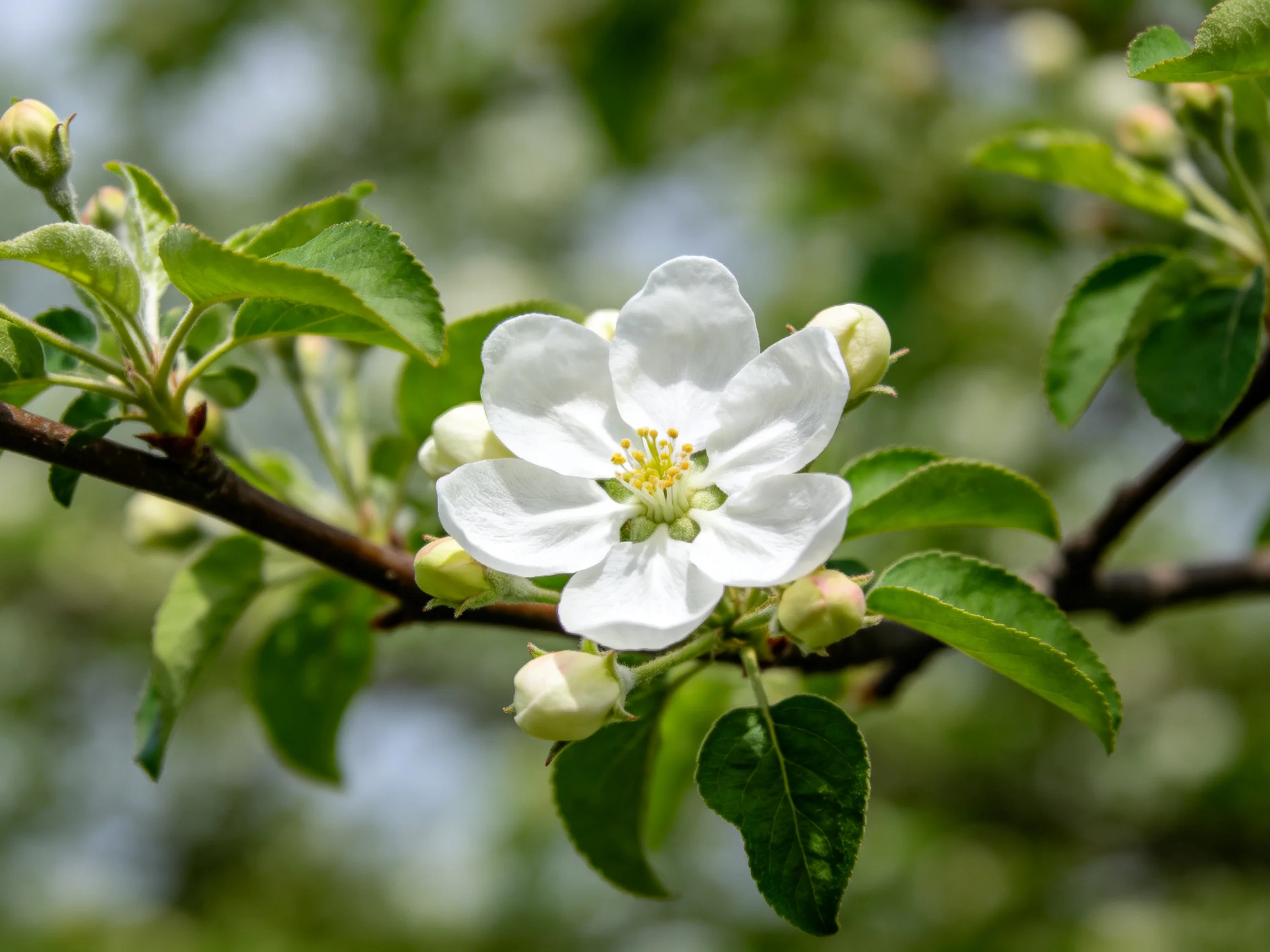 A Single White Apple Blossom Among Green Buds and Leaves