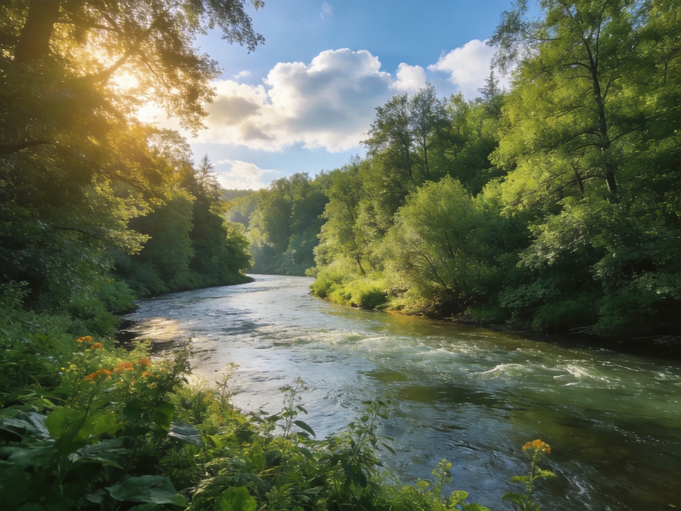 A Sunlit River Flows Through Verdant Forest