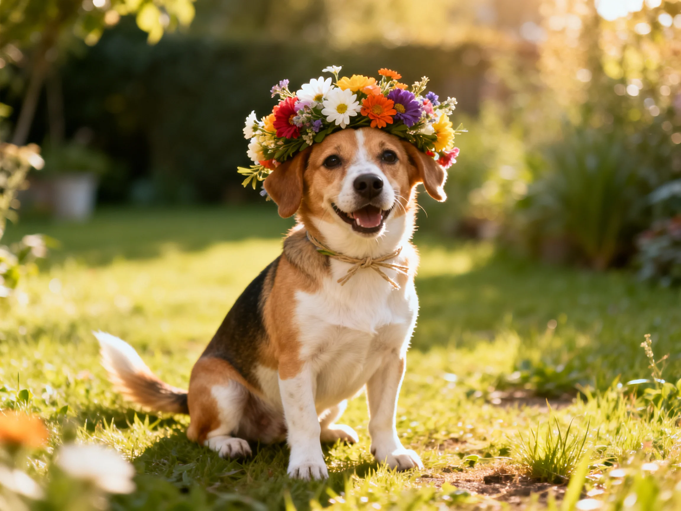 A beagle wearing a colorful flower crown in a sunlit garden
