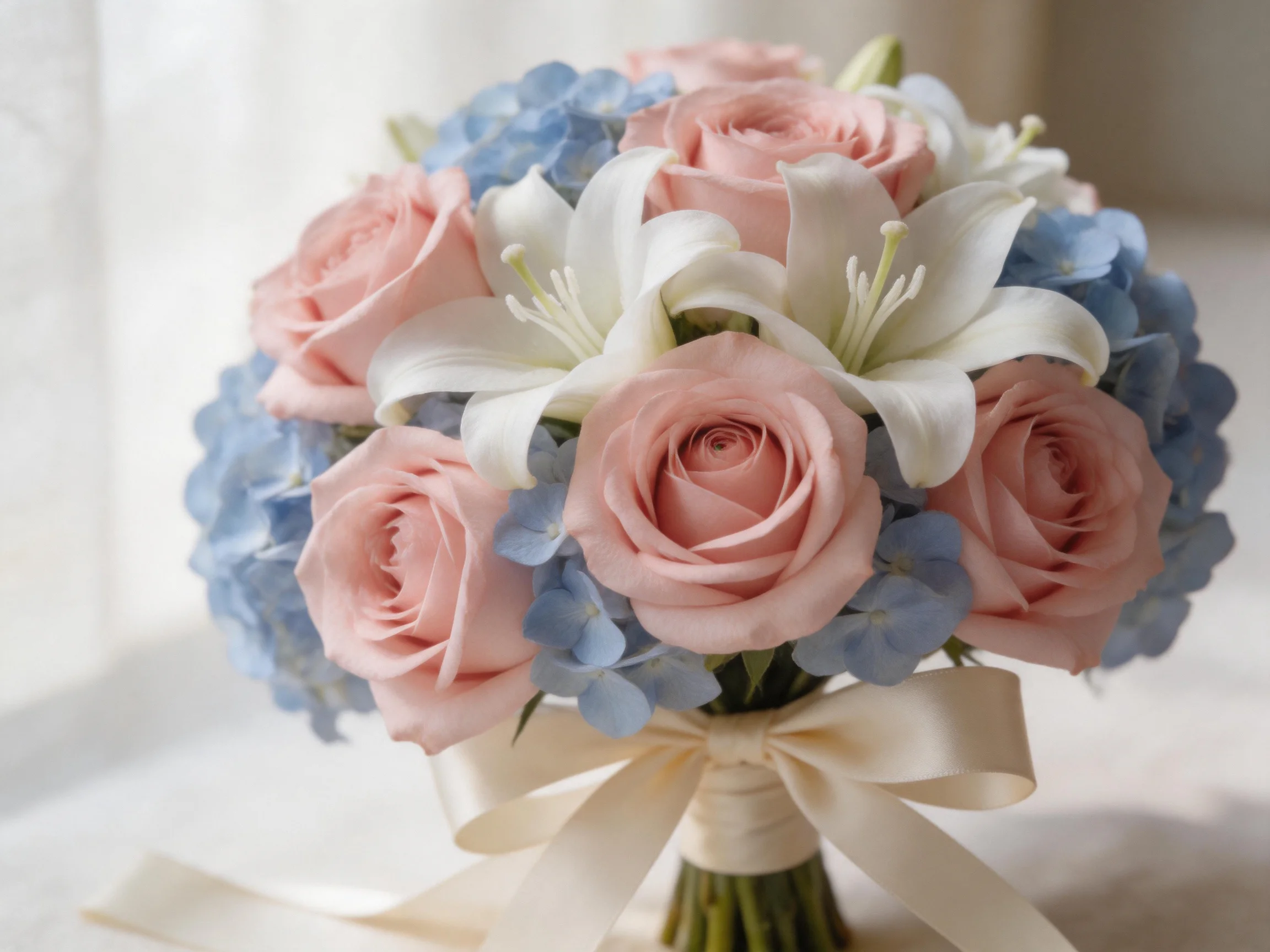 A beautifully arranged bouquet of pink roses, white lilies, and blue hydrangeas