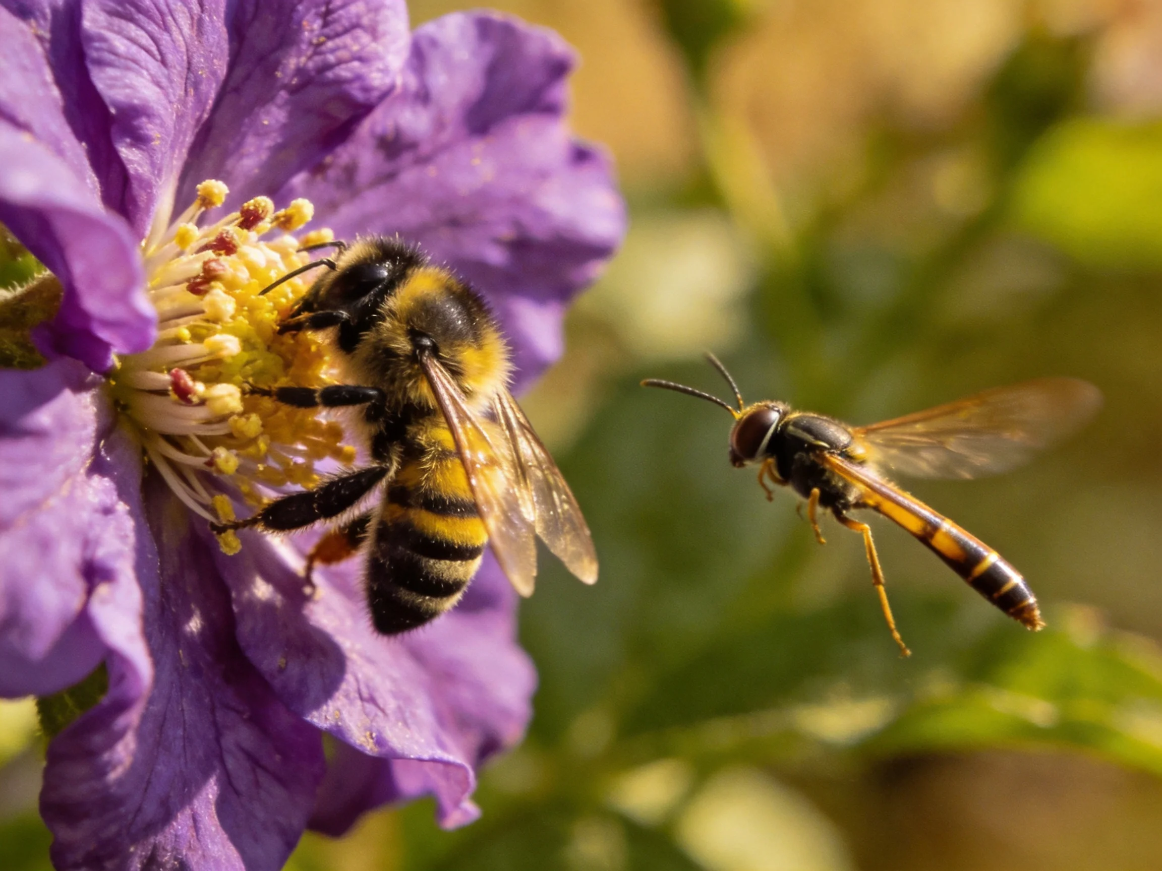 A bee and a hoverfly hover near a vibrant purple flower