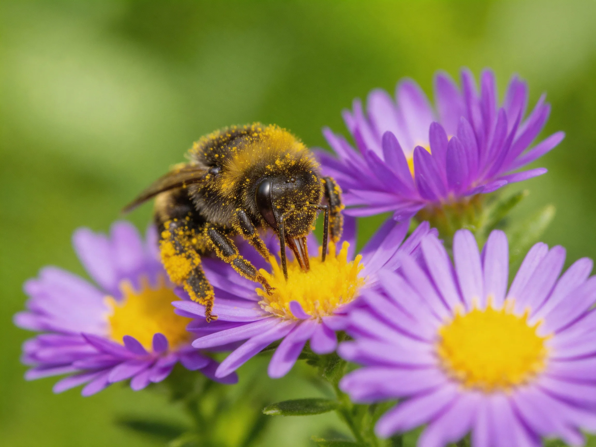 A bee collecting pollen from vibrant purple aster blooms