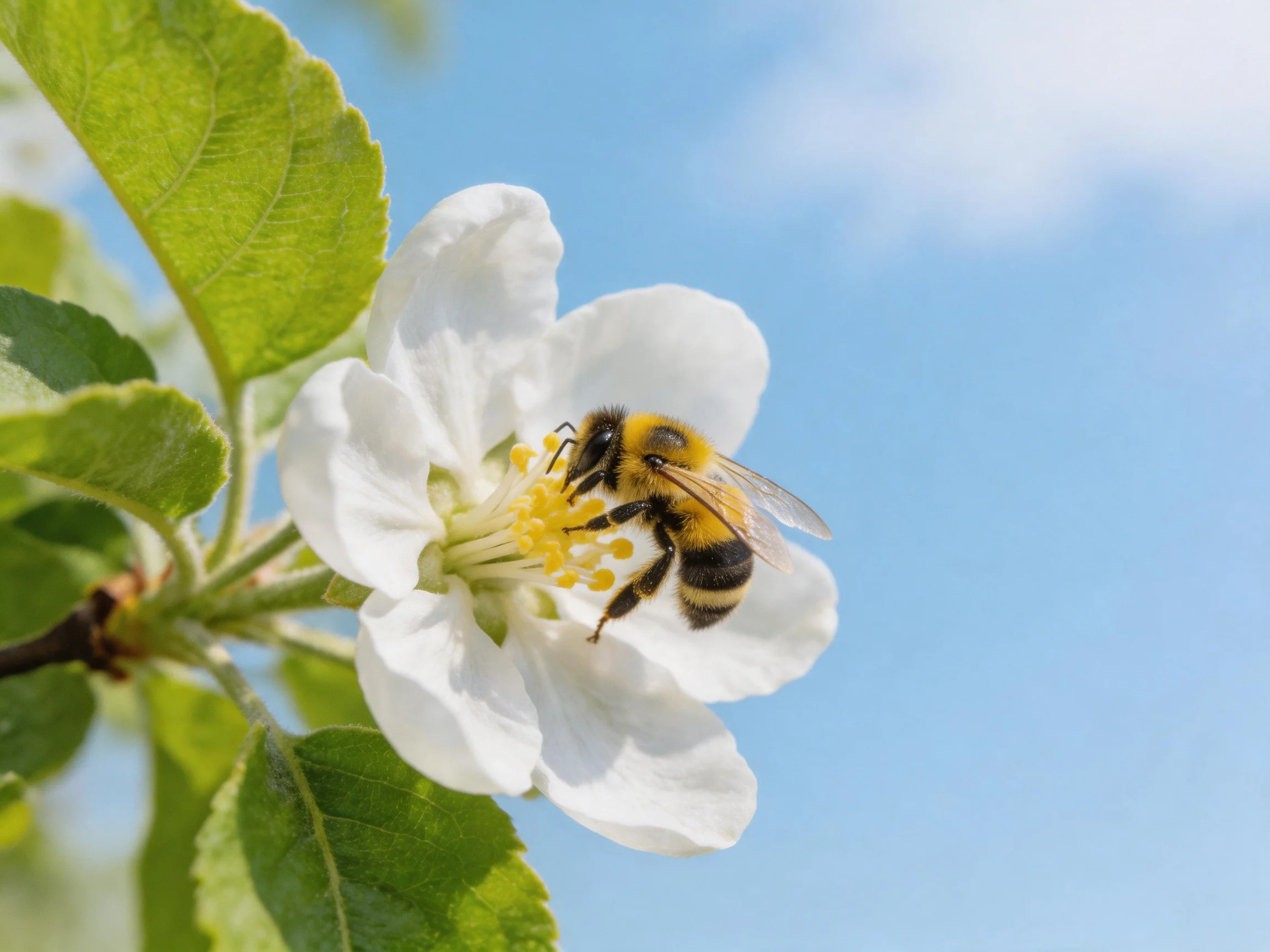 A bee gathering pollen from a white flower with green leaves