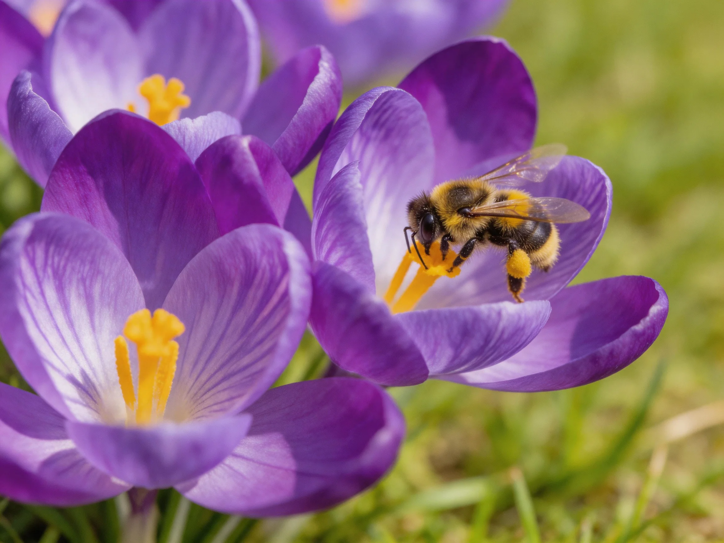 A bee gathers nectar from vibrant purple crocus flowers