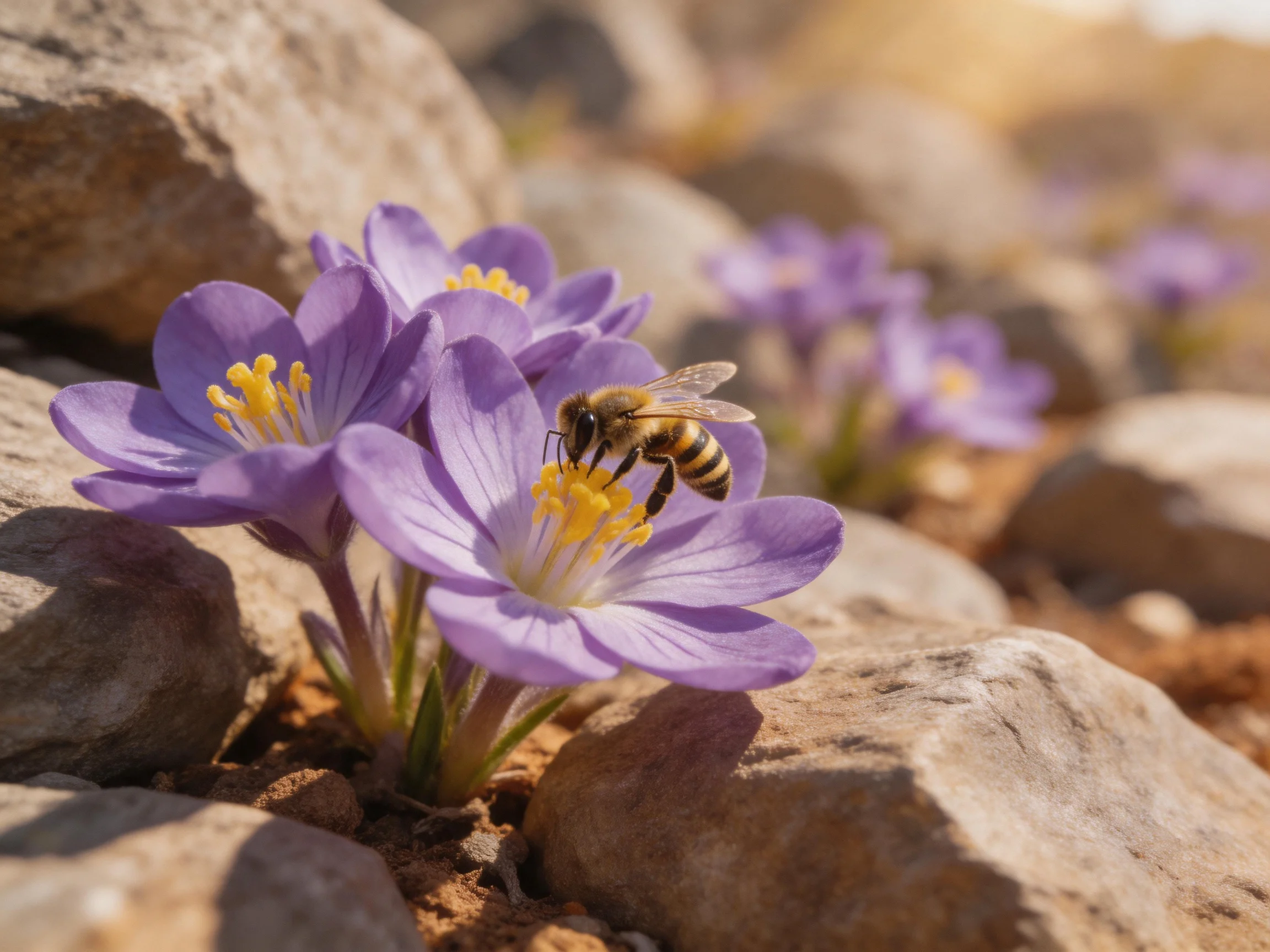 A bee gathers nectar from vibrant purple flowers amid rocky surroundings.