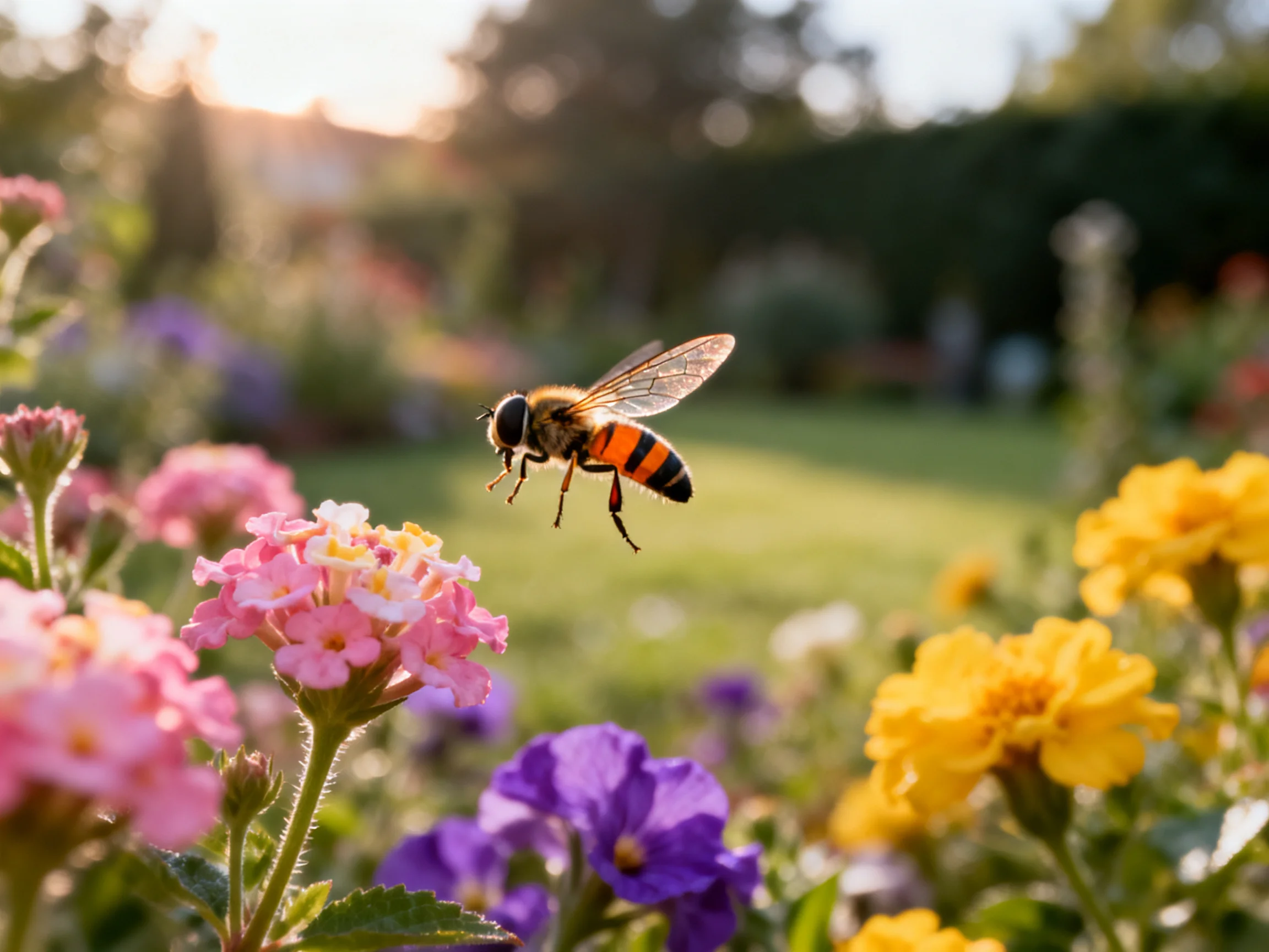 A bee hovers near vibrant pink, yellow, and purple blooms in a sunlit garden